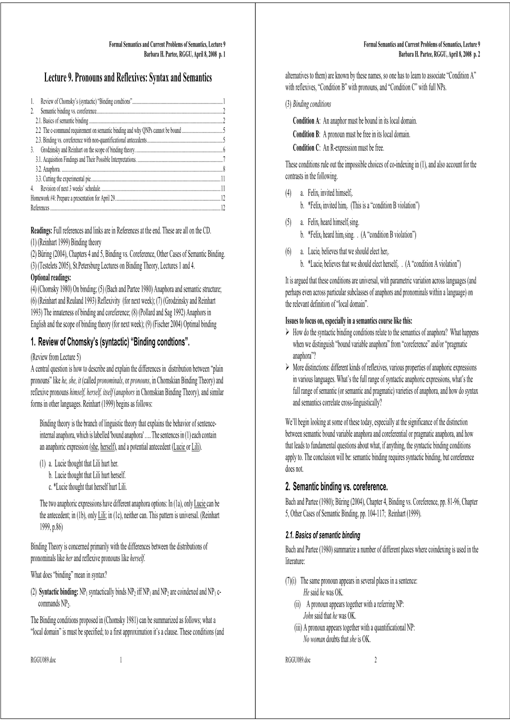 Lecture 9. Pronouns and Reflexives: Syntax and Semantics