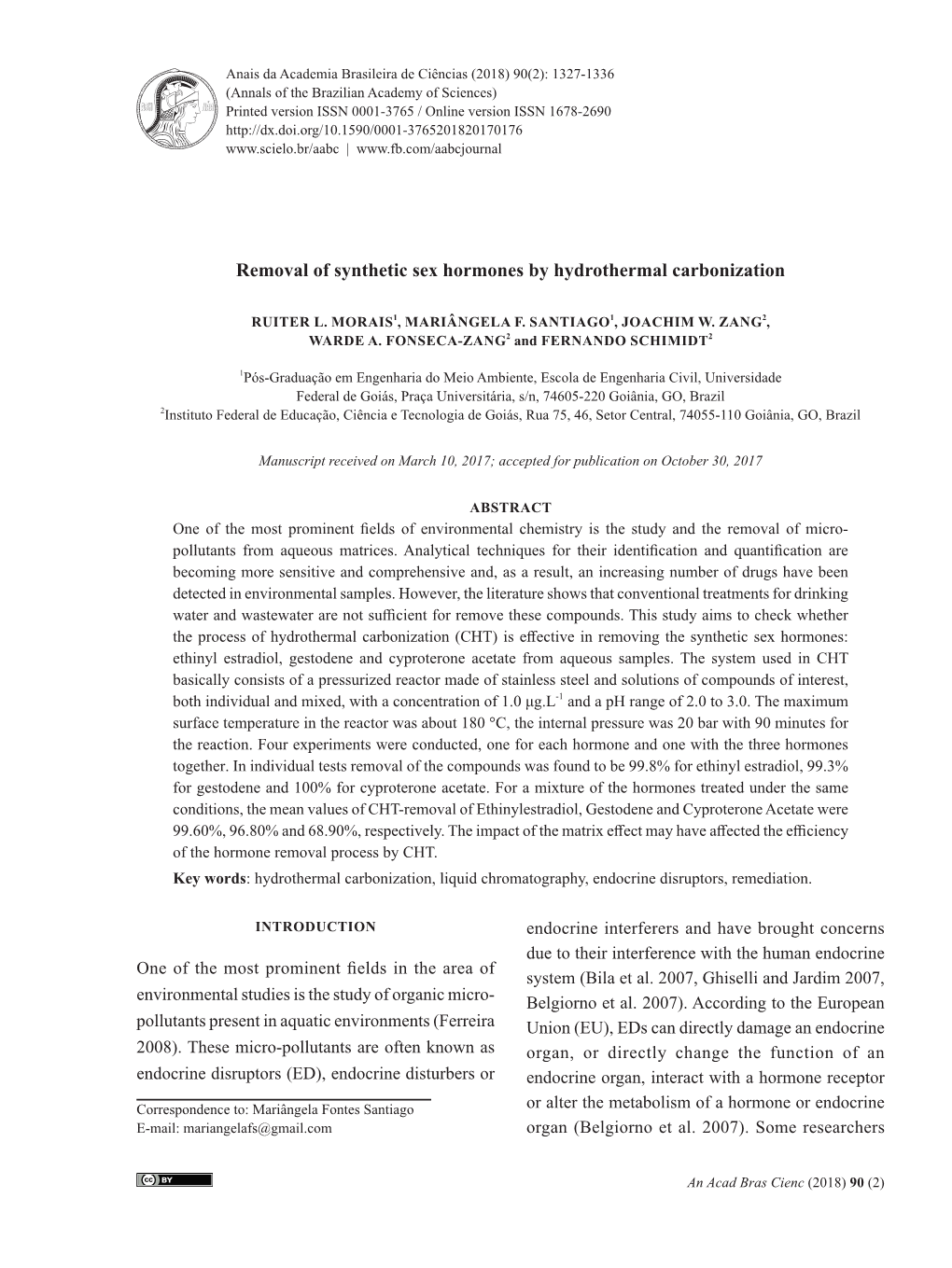 Removal of Synthetic Sex Hormones by Hydrothermal Carbonization