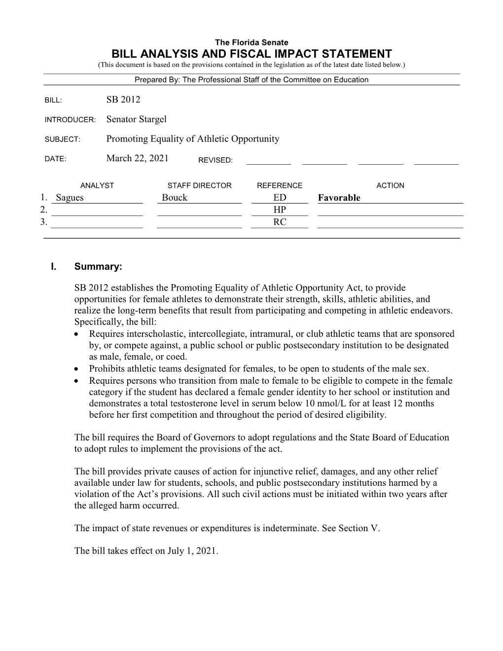 Bill Analysis and Fiscal Impact Statement