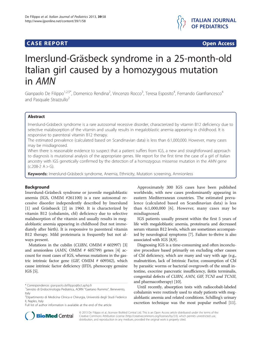 Imerslund-Gräsbeck Syndrome in a 25-Month-Old Italian Girl Caused by a Homozygous Mutation In