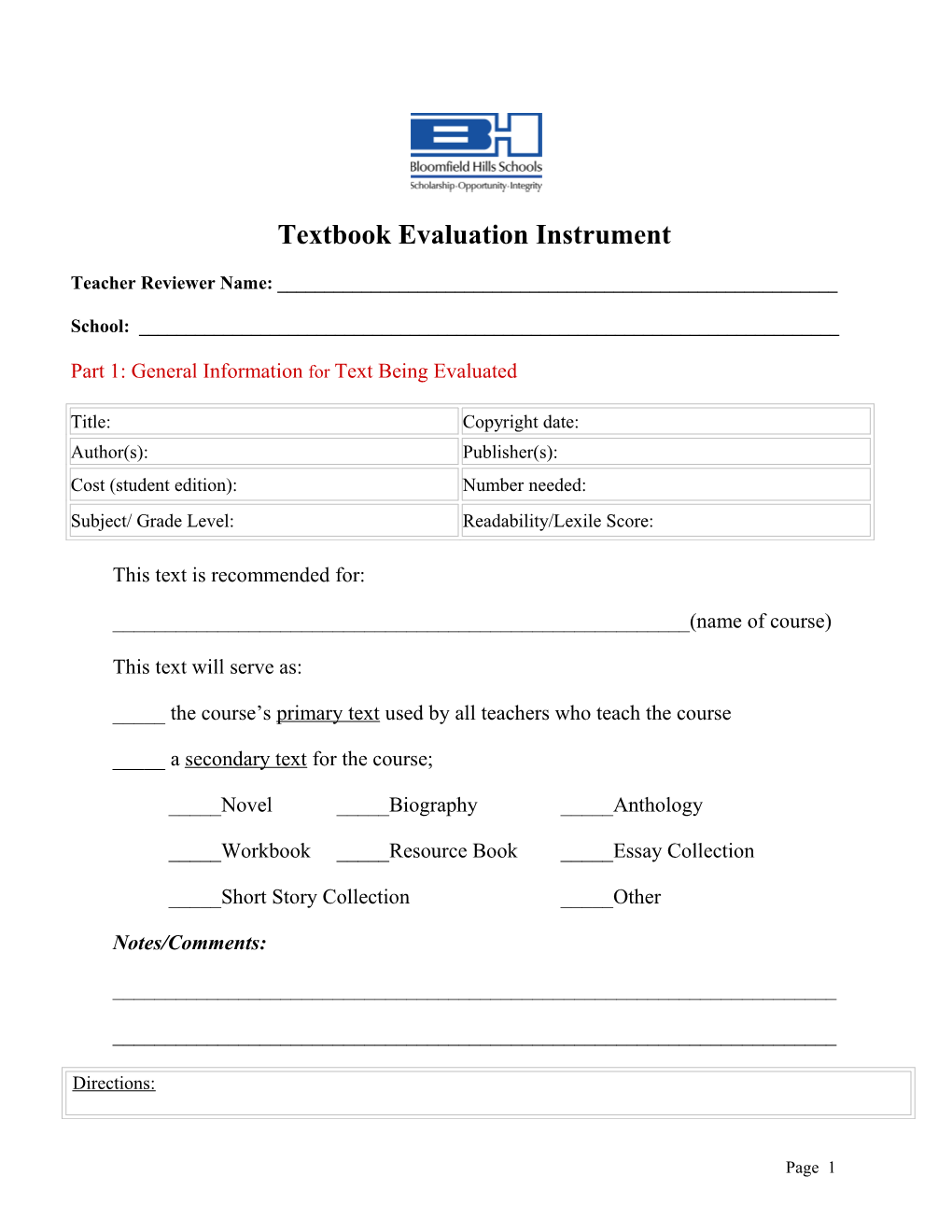 Textbook Evaluation Tool*