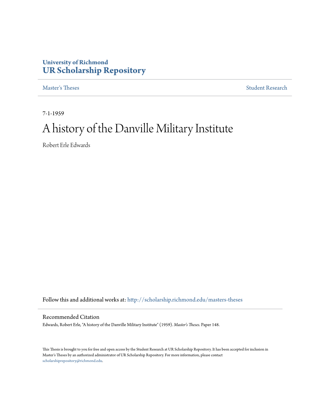 A History of the Danville Military Institute Robert Erle Edwards