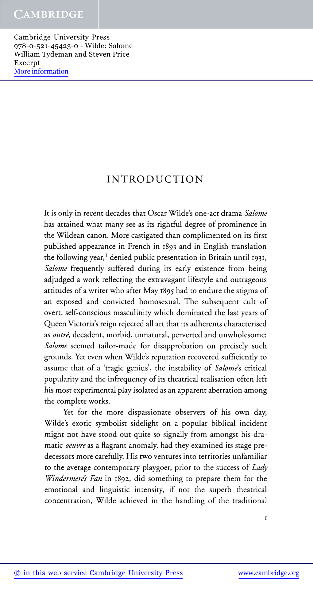 Wilde: Salome William Tydeman and Steven Price Excerpt More Information