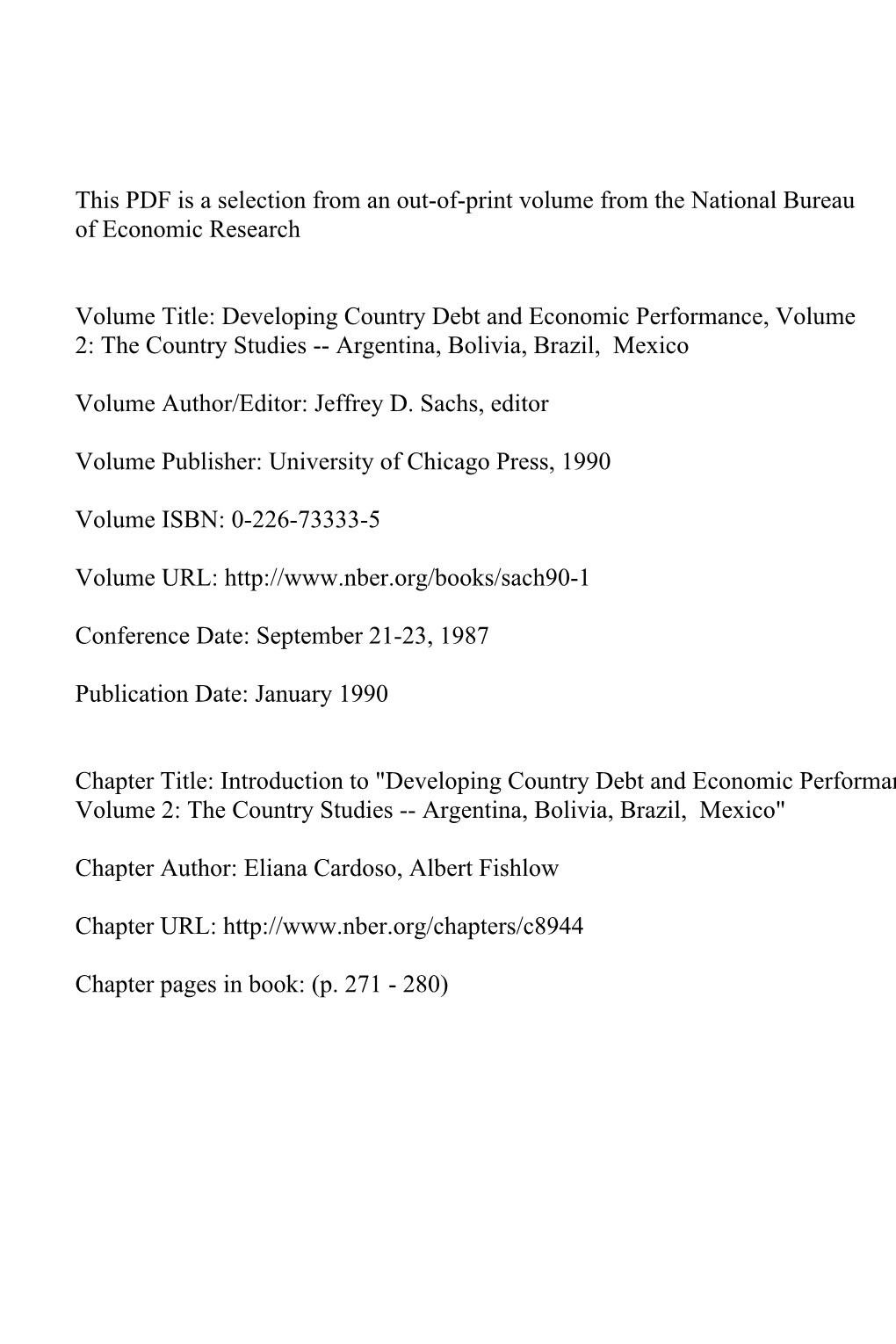 Introduction to "Developing Country Debt and Economic Performance, Volume 2: the Country Studies -- Argentina, Bolivia, Brazil, Mexico"