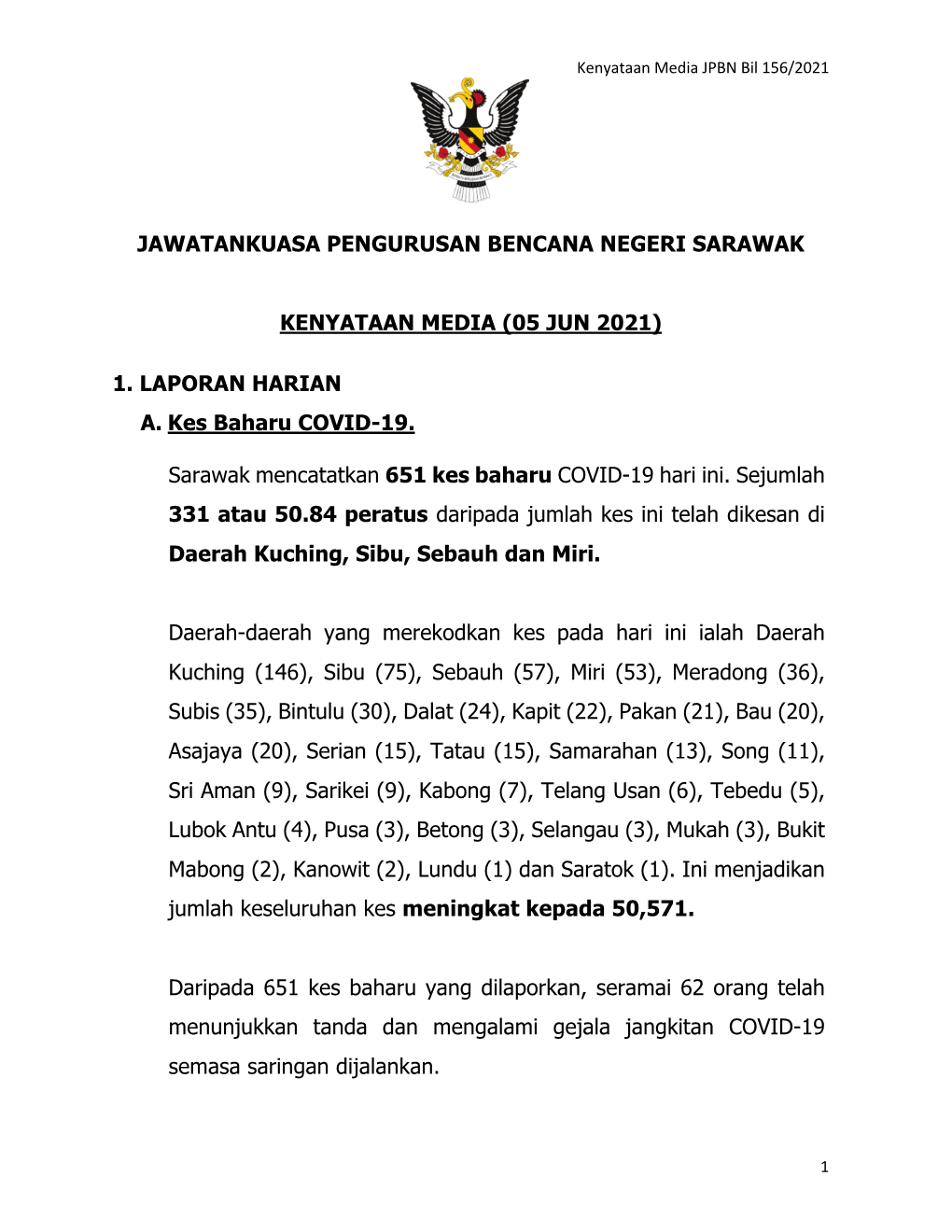 (05 JUN 2021) 1. LAPORAN HARIAN A. Kes Baharu COVID-19. Sarawak M
