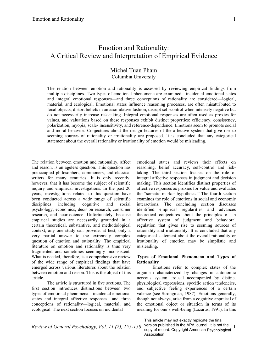 Emotion and Rationality: a Critical Review and Interpretation of Empirical Evidence