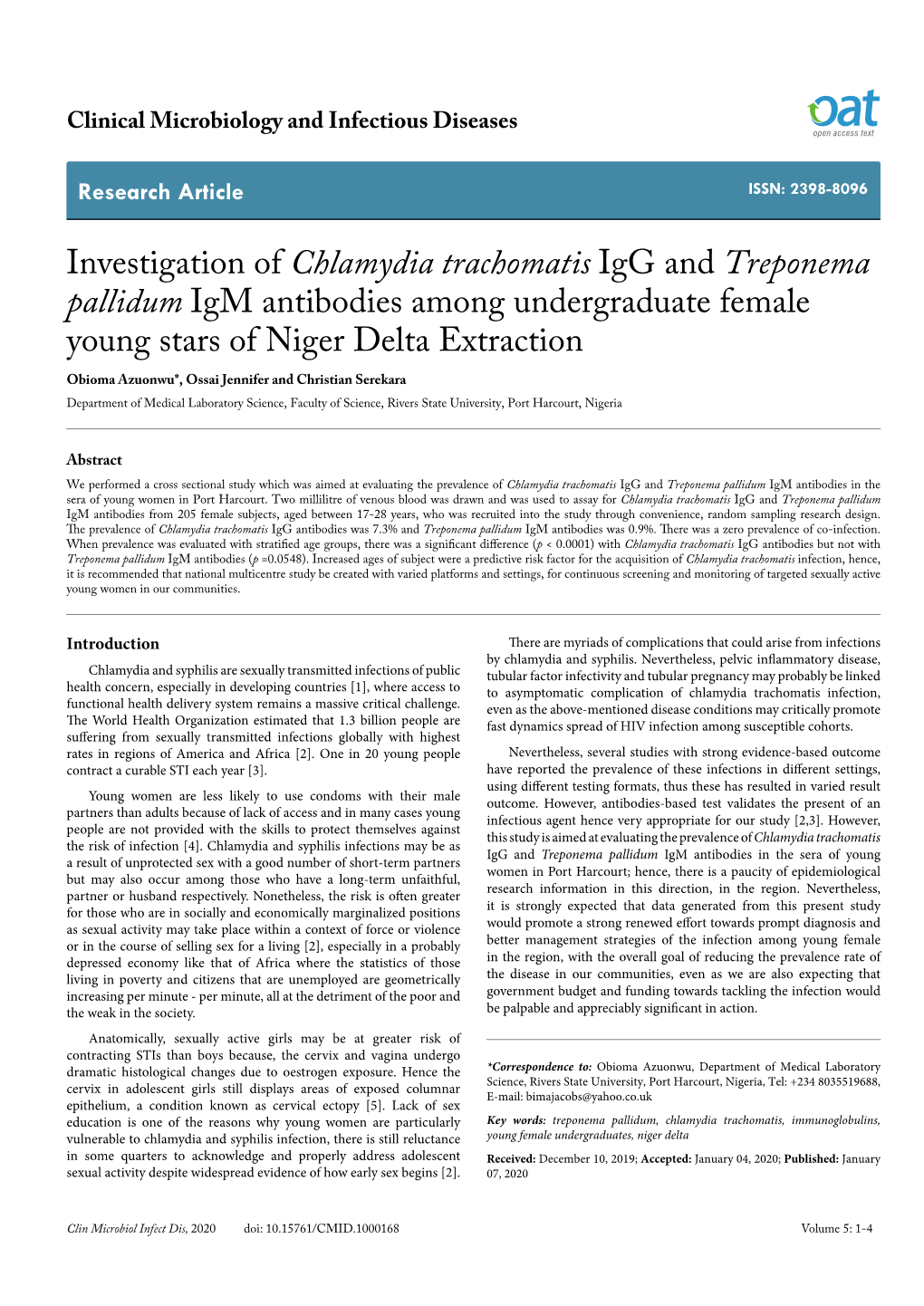 Investigation of Chlamydia Trachomatis Igg and Treponema Pallidum Igm Antibodies Among Undergraduate Female Young Stars of Niger