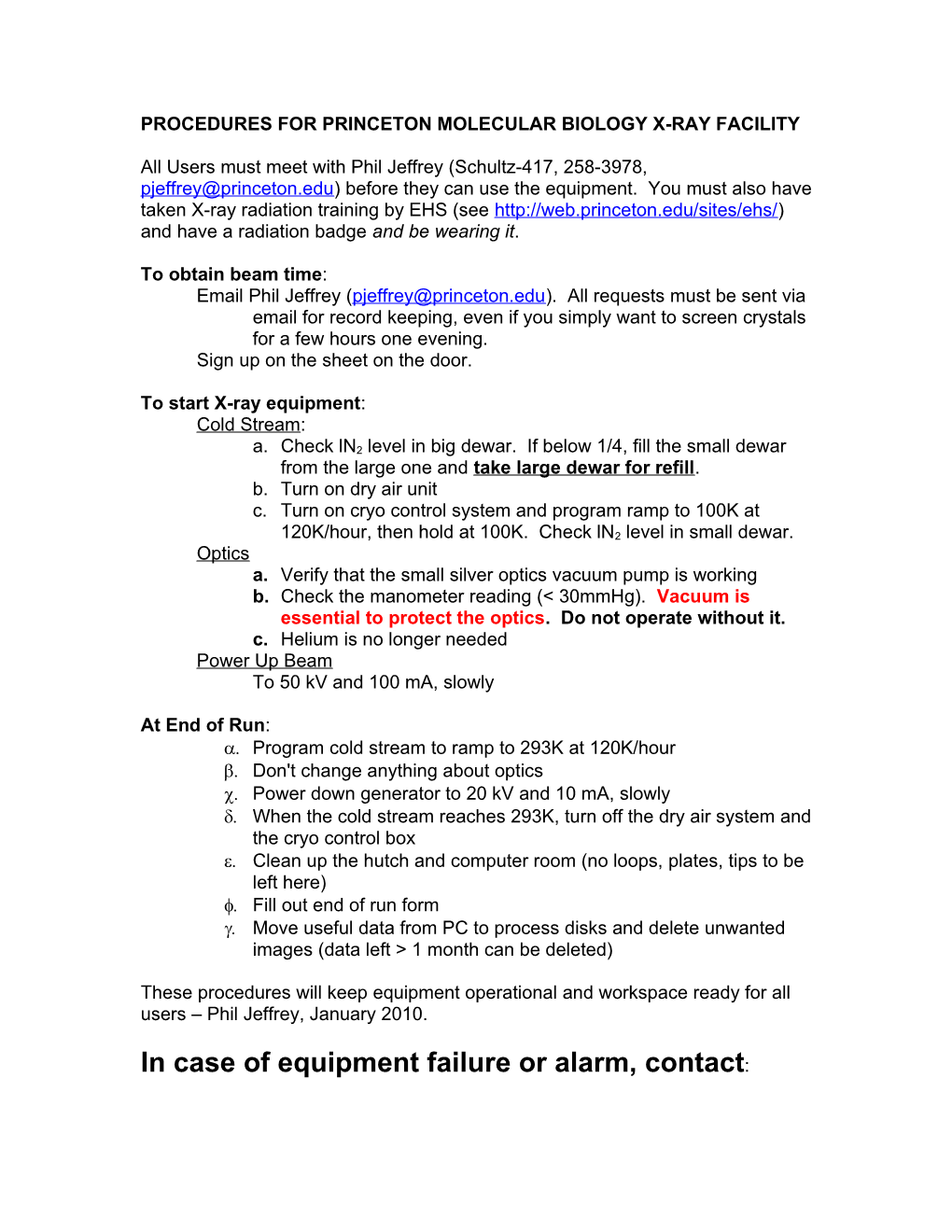 Procedures for Princeton Molecular Biology X-Ray Facility