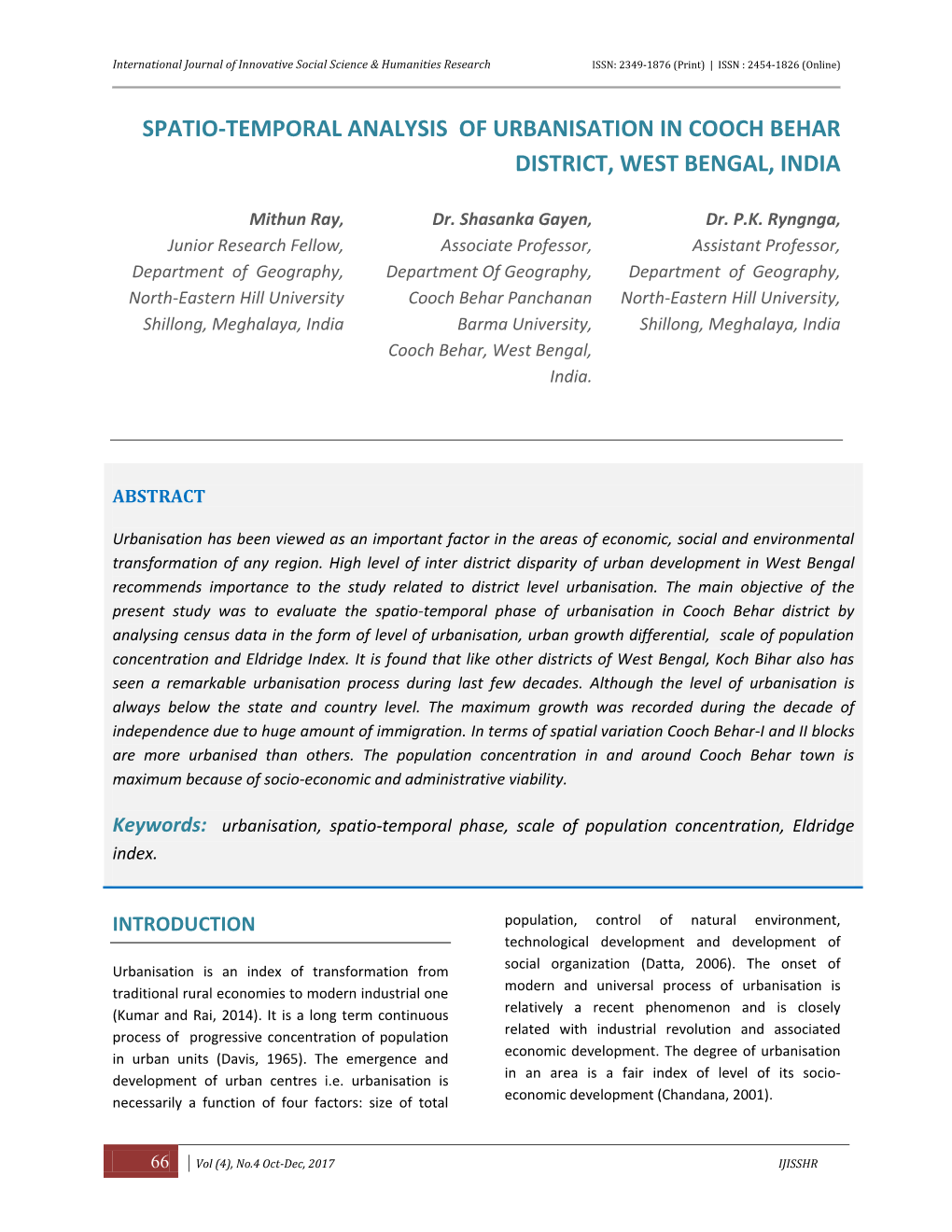 Spatio-Temporal Analysis of Urbanisation in Cooch Behar District, West Bengal, India