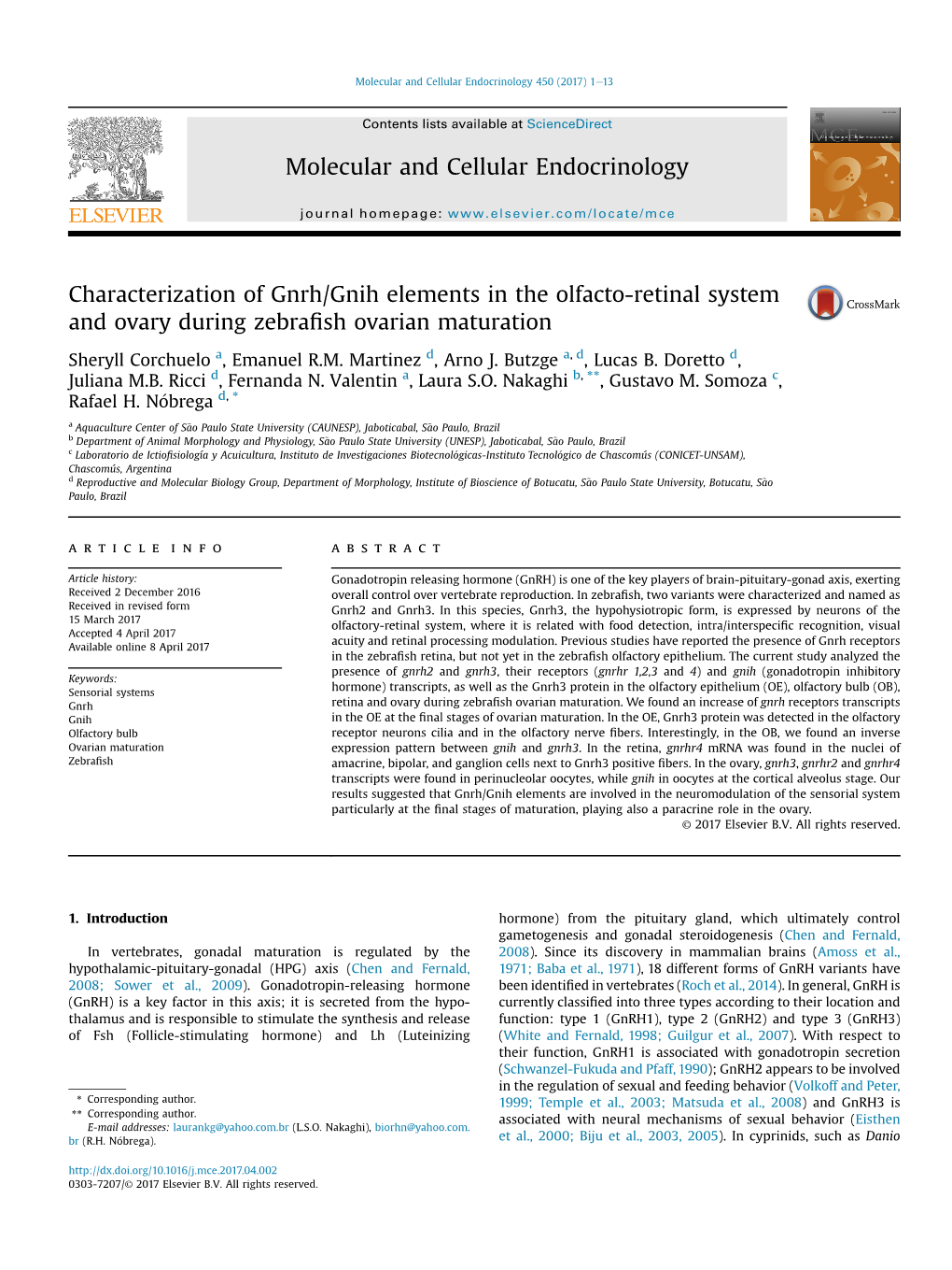 Characterization of Gnrh/Gnih Elements in the Olfacto-Retinal System and Ovary During Zebrafish Ovarian Maturation