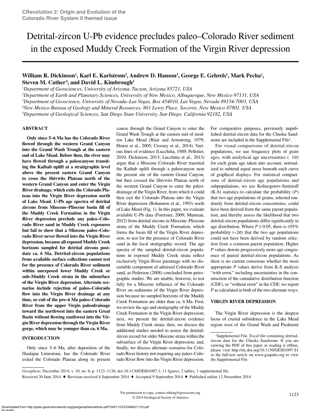 Detrital-Zircon U-Pb Evidence Precludes Paleo–Colorado River Sediment in the Exposed Muddy Creek Formation of the Virgin River Depression