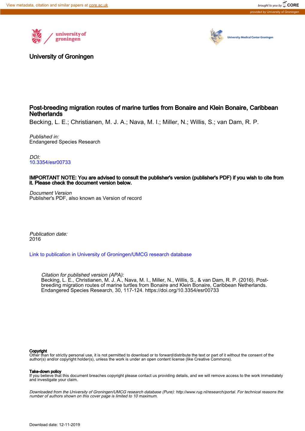 University of Groningen Post-Breeding Migration Routes Of