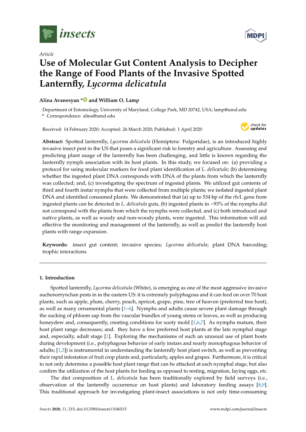 Use of Molecular Gut Content Analysis to Decipher the Range of Food Plants of the Invasive Spotted Lanternfly, Lycorma Delicatul