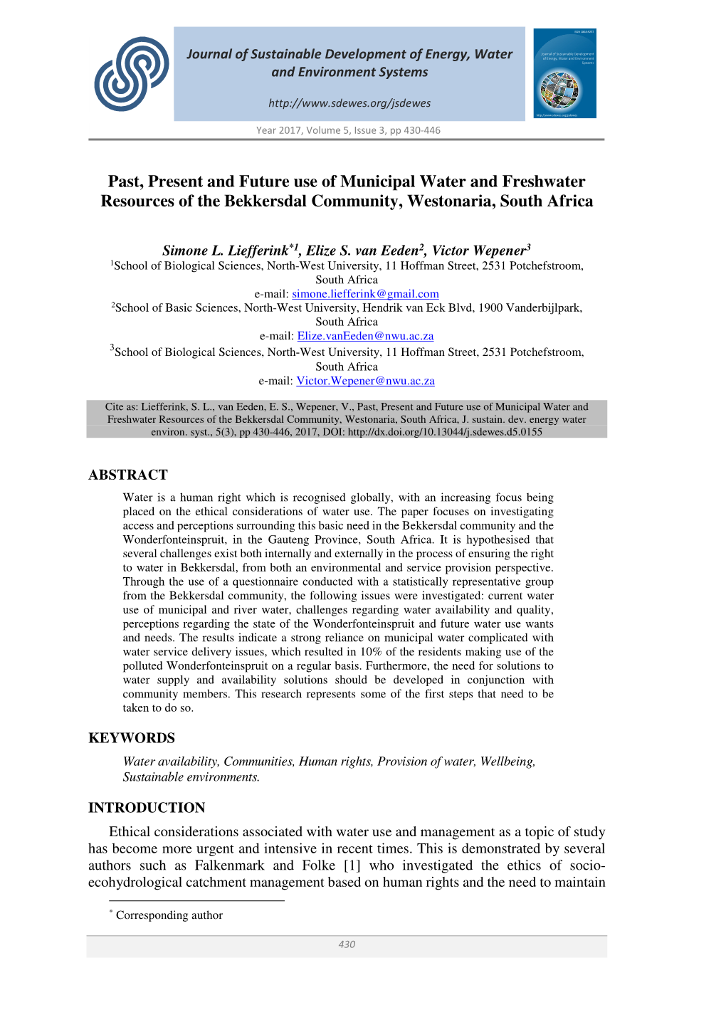 Past, Present and Future Use of Municipal Water and Freshwater Resources of the Bekkersdal Community, Westonaria, South Africa