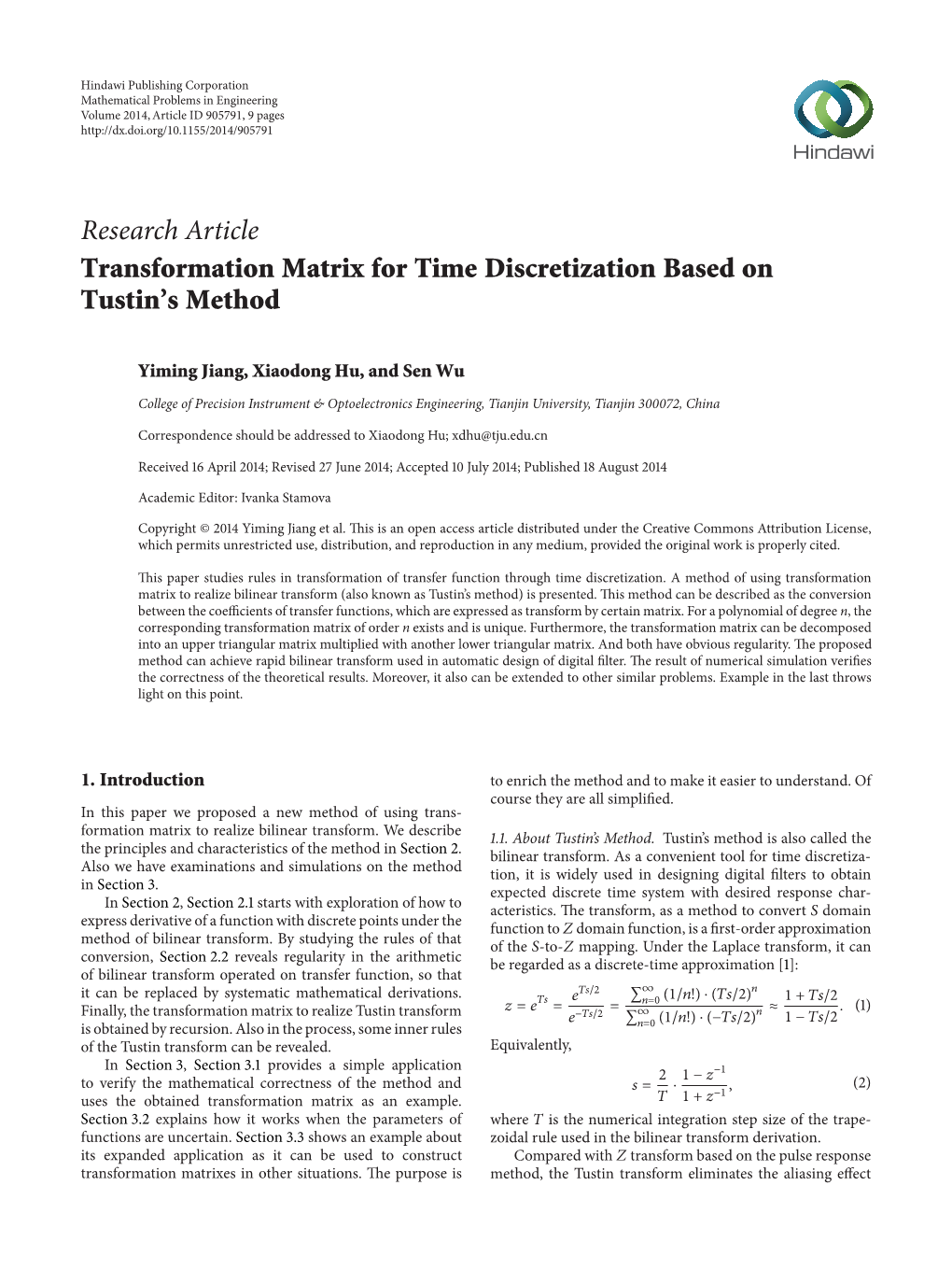 Transformation Matrix for Time Discretization Based on Tustin's