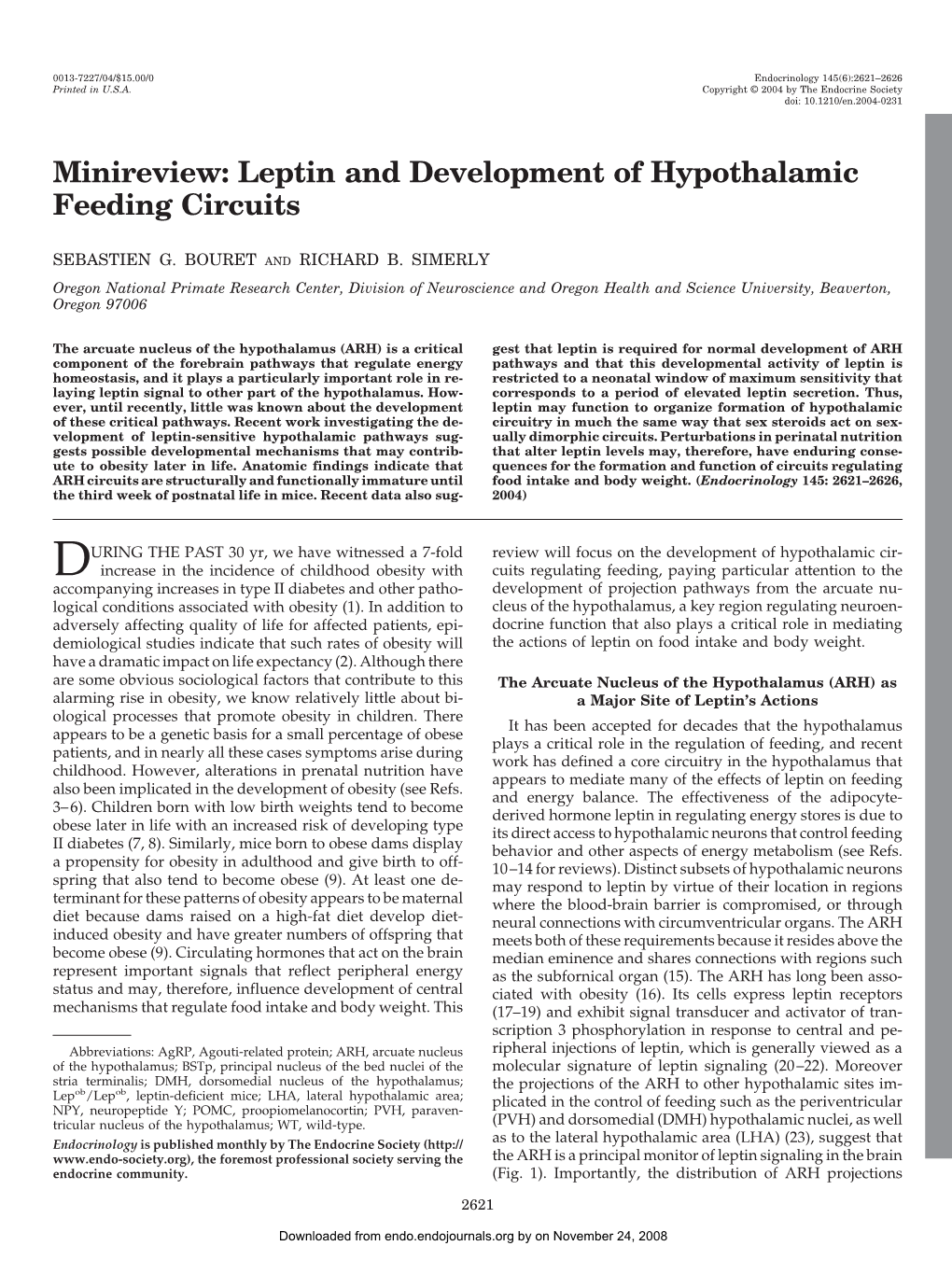 Minireview: Leptin and Development of Hypothalamic Feeding Circuits