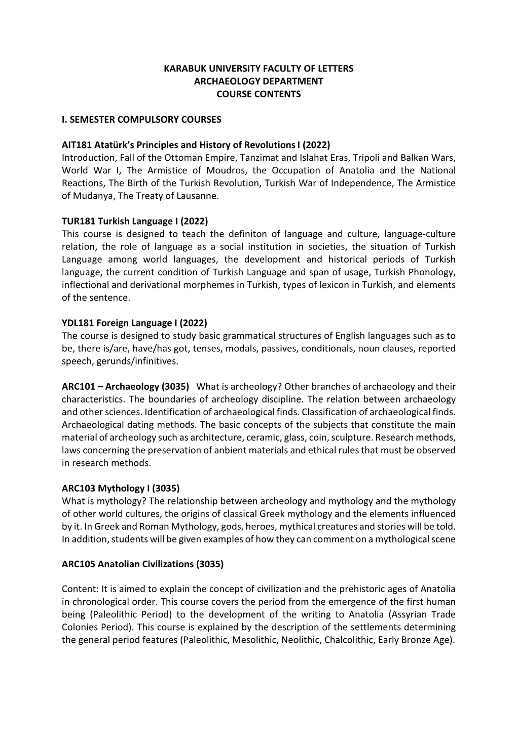 Karabuk University Faculty of Letters Archaeology Department Course Contents