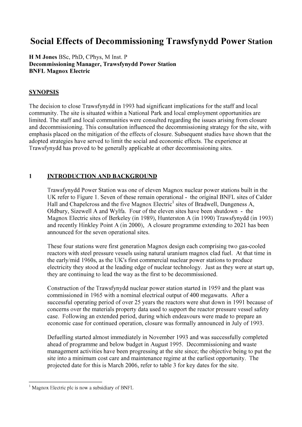 Social Effects of Decommissioning Trawsfynydd Power Station