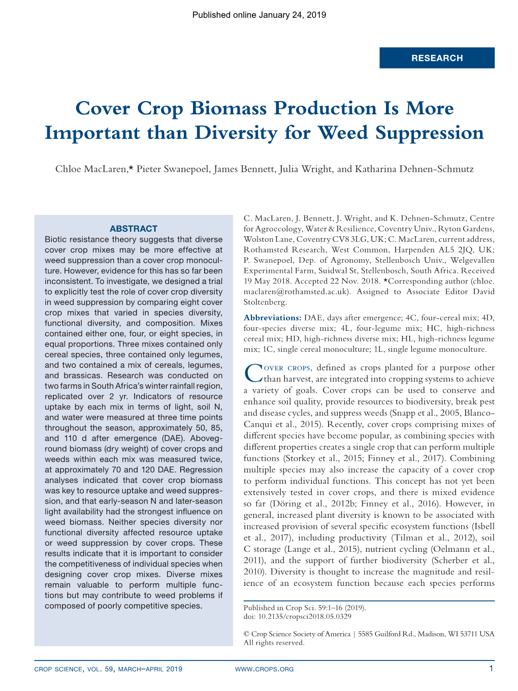 Cover Crop Biomass Production Is More Important Than Diversity for Weed Suppression
