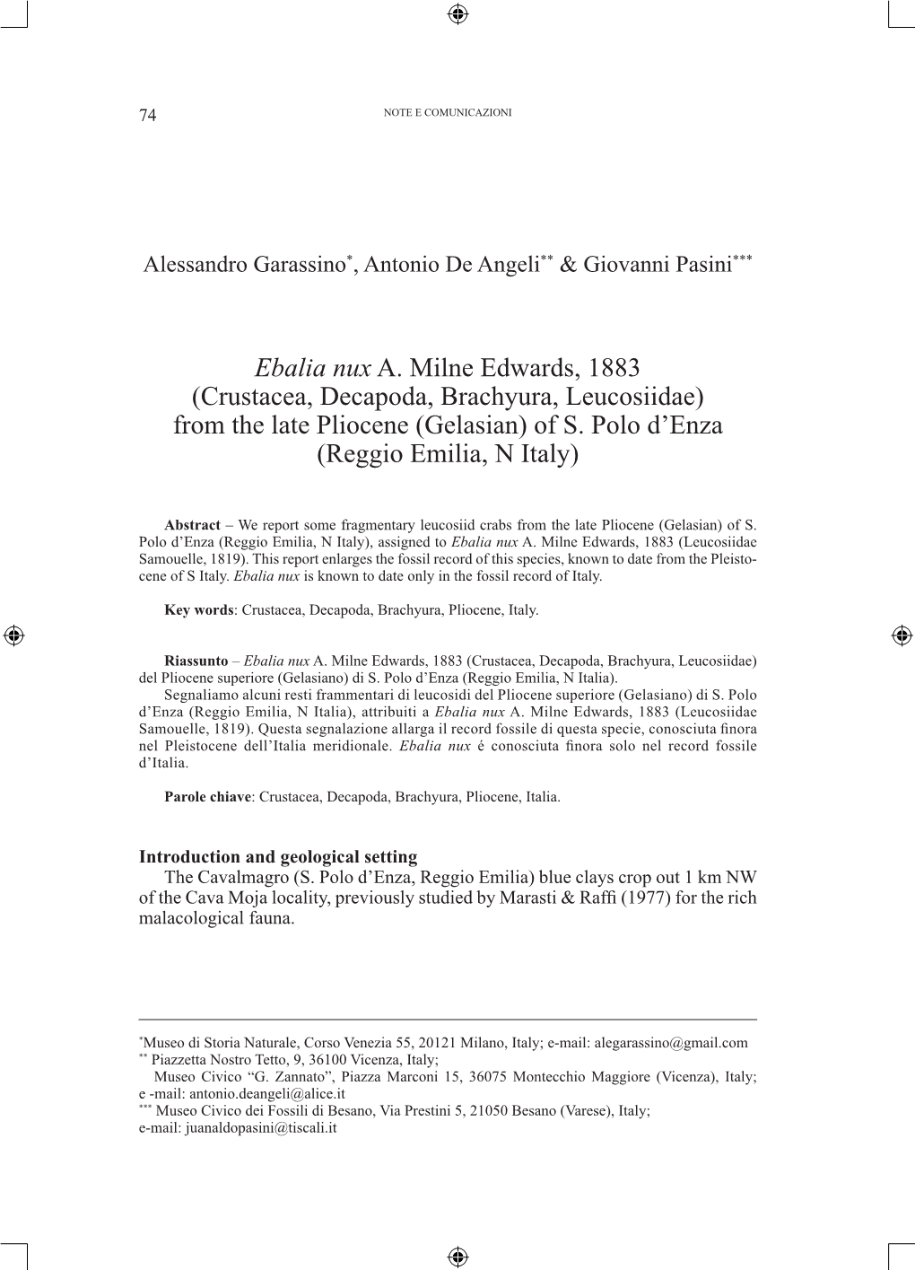 Ebalia Nux A. Milne Edwards, 1883 (Crustacea, Decapoda, Brachyura, Leucosiidae) from the Late Pliocene (Gelasian) of S