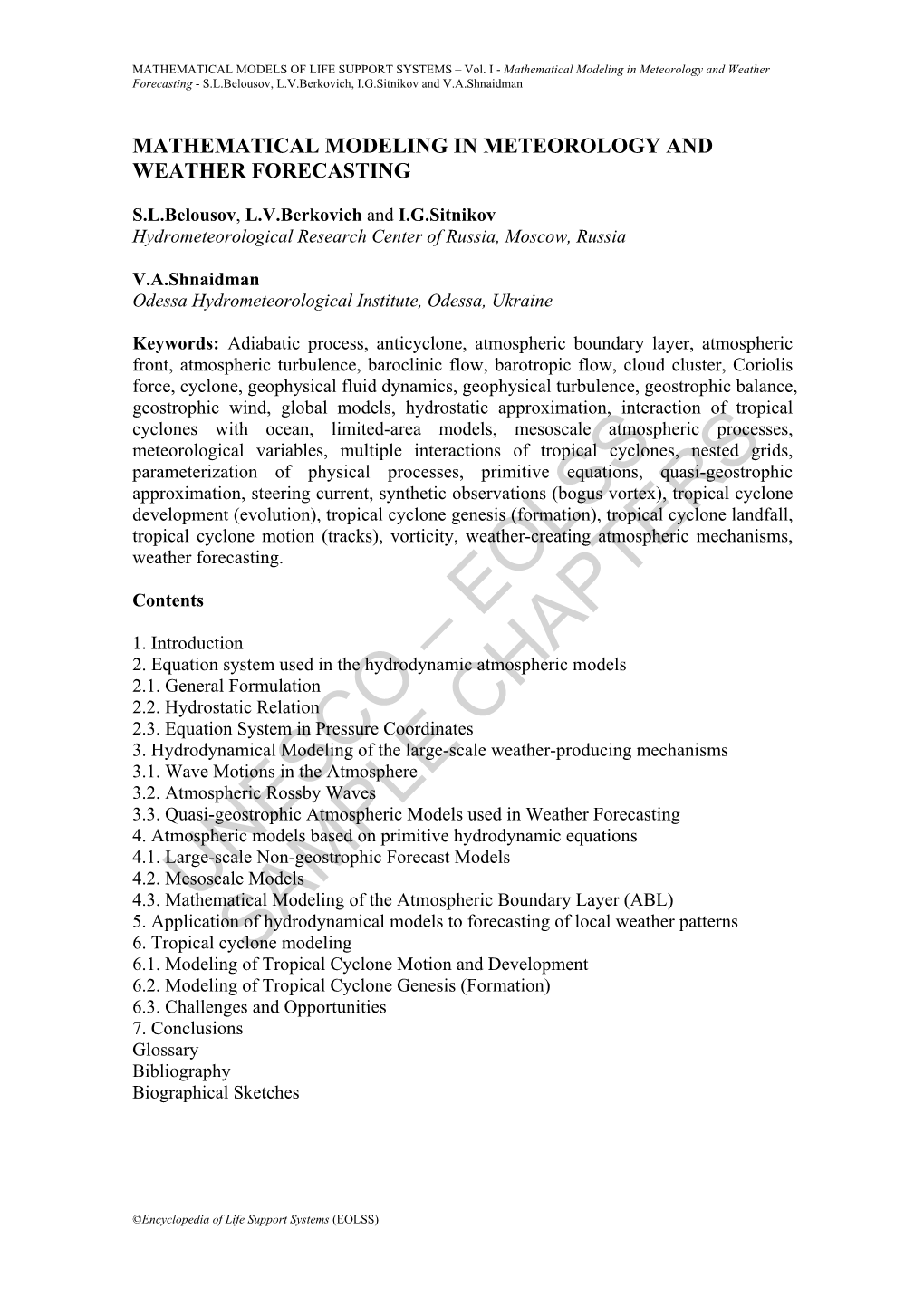 Mathematical Modeling in Meteorology and Weather Forecasting - S.L.Belousov, L.V.Berkovich, I.G.Sitnikov and V.A.Shnaidman