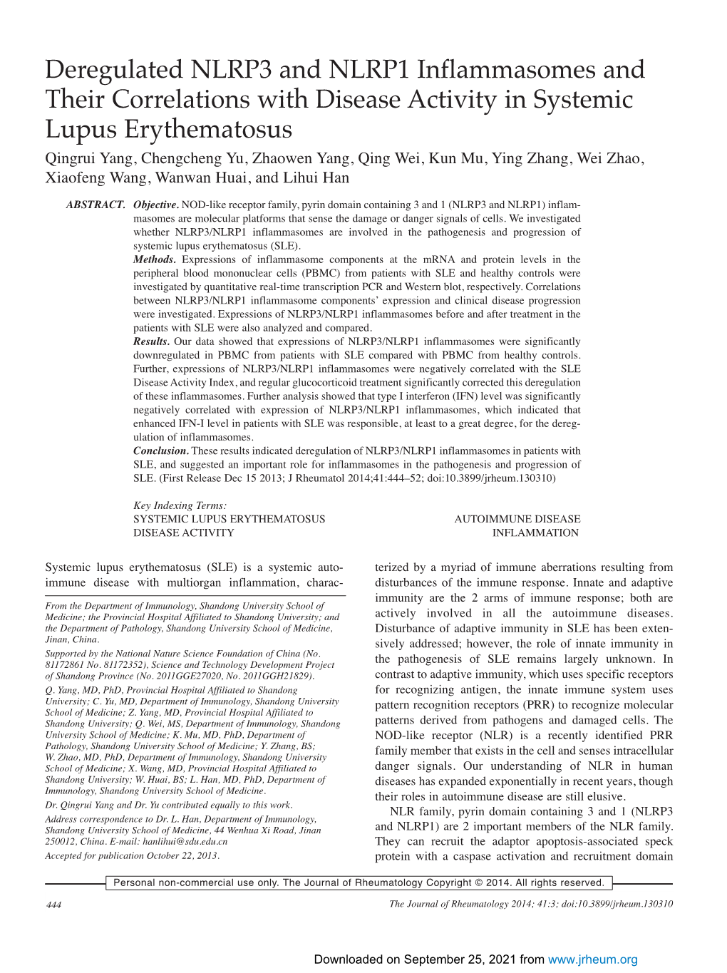 Deregulated NLRP3 and NLRP1 Inflammasomes and Their Correlations with Disease Activity in Systemic Lupus Erythematosus