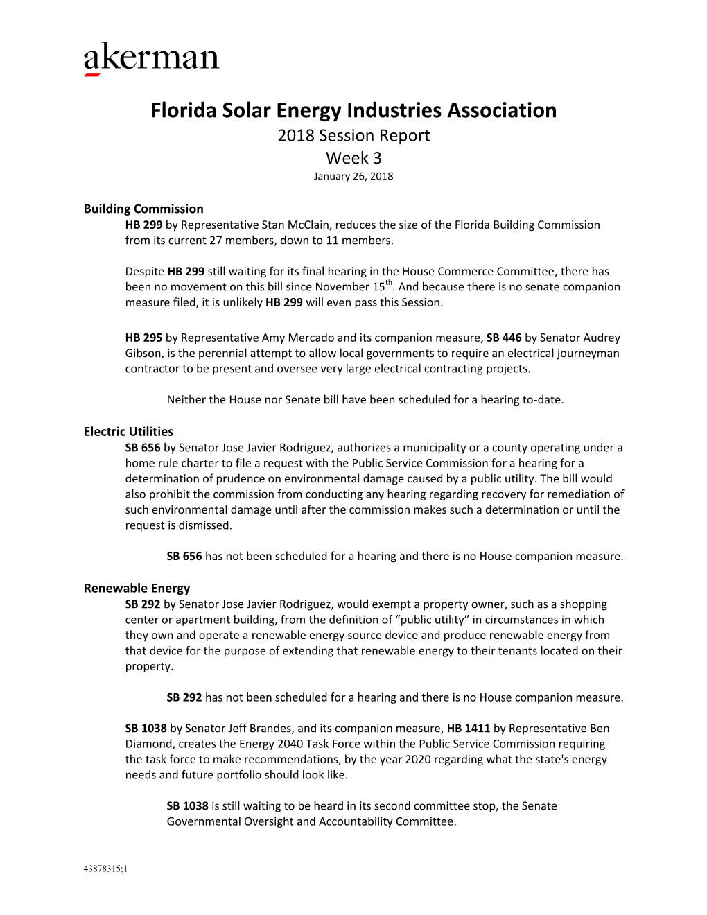 Florida Solar Energy Industries Association 2018 Session Report Week 3 January 26, 2018