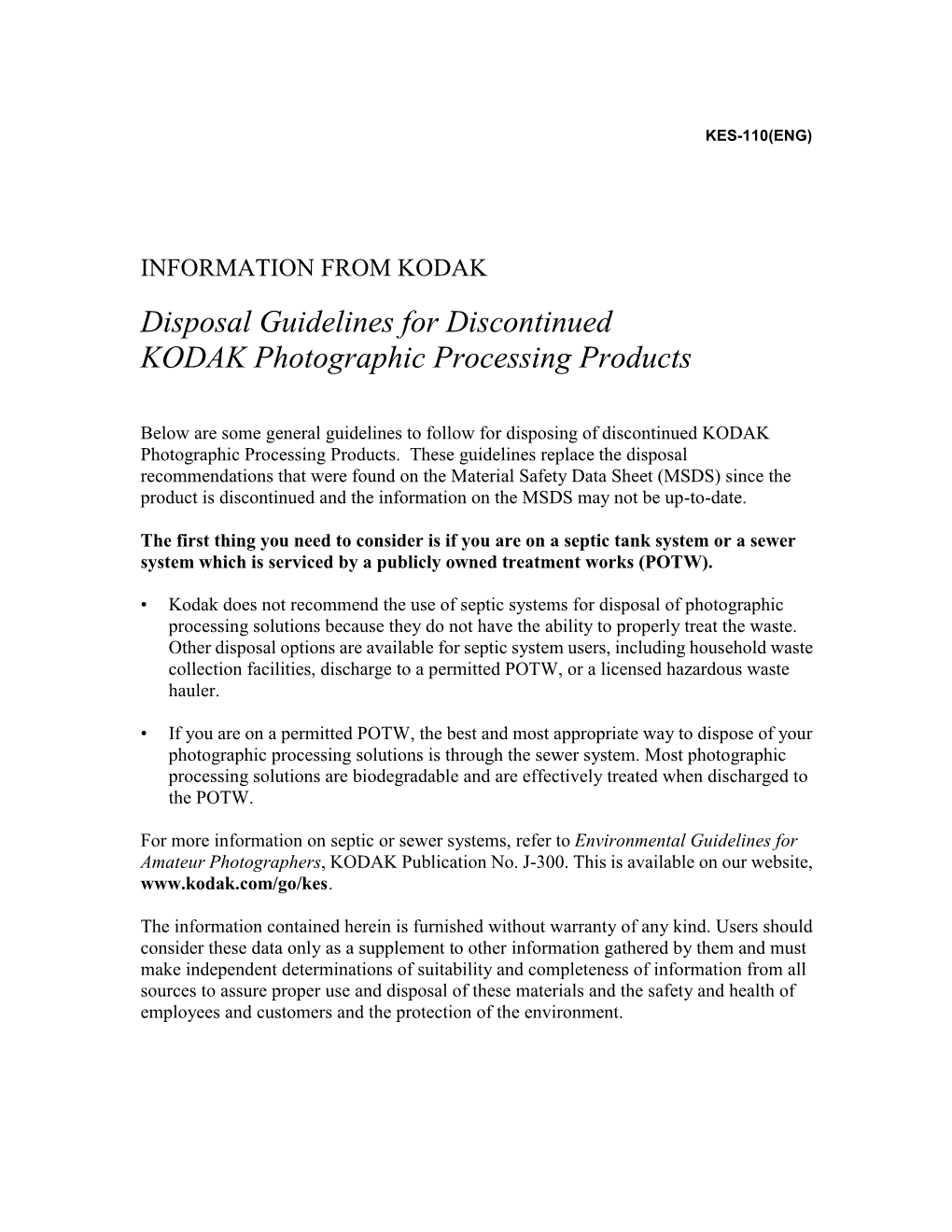 Disposal Guidelines for Discontinued KODAK Photographic Processing Products