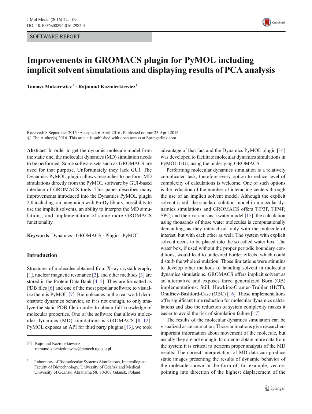 Improvements in GROMACS Plugin for Pymol Including Implicit Solvent Simulations and Displaying Results of PCA Analysis