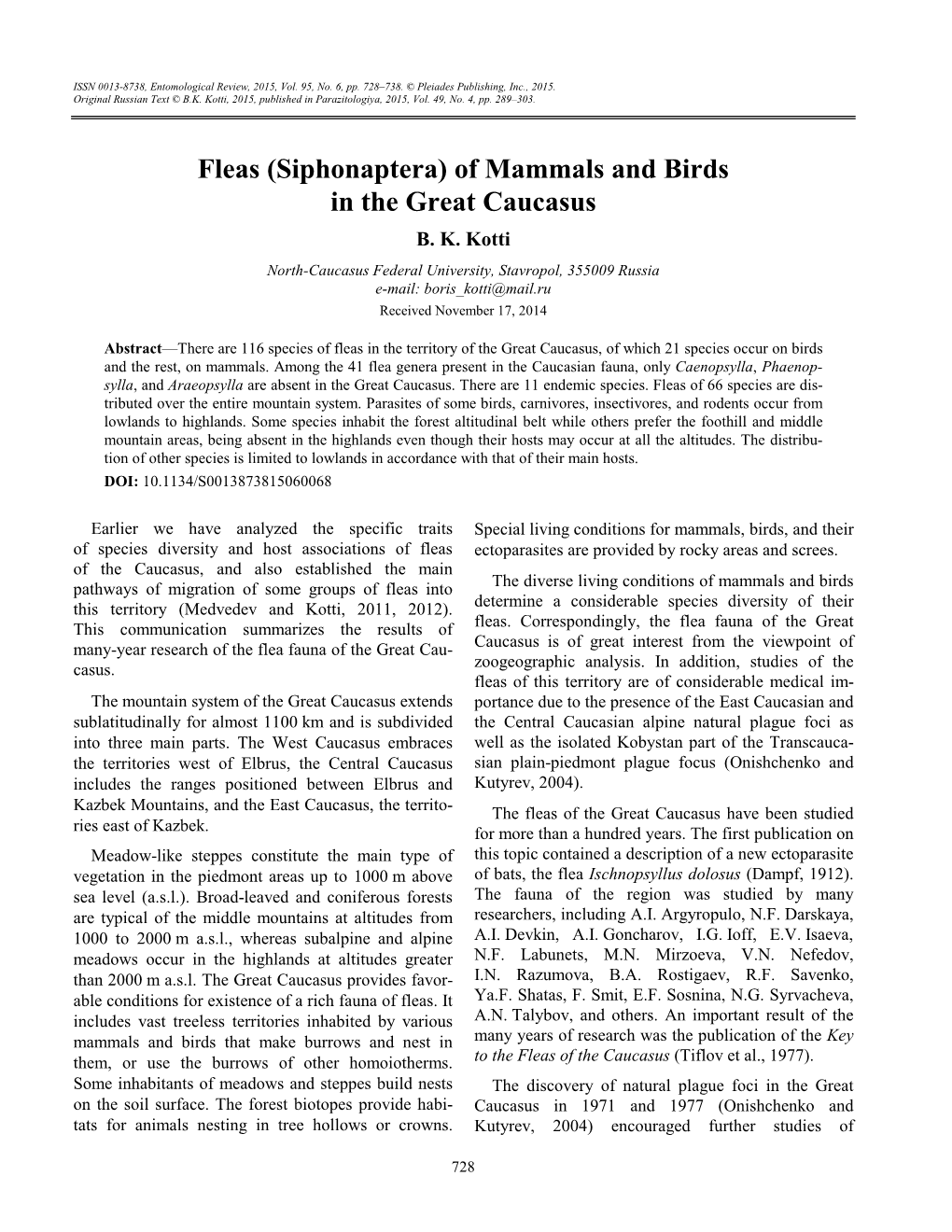 Fleas (Siphonaptera) of Mammals and Birds in the Great Caucasus B