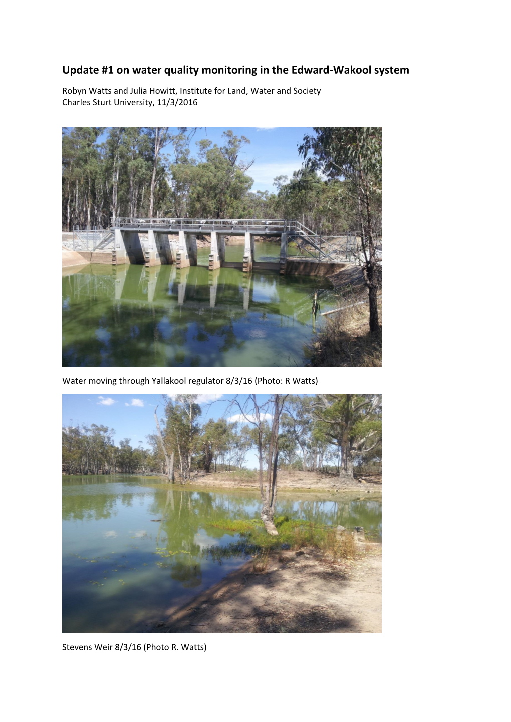 Update #1 on Water Quality Monitoring in the Edward-Wakool System