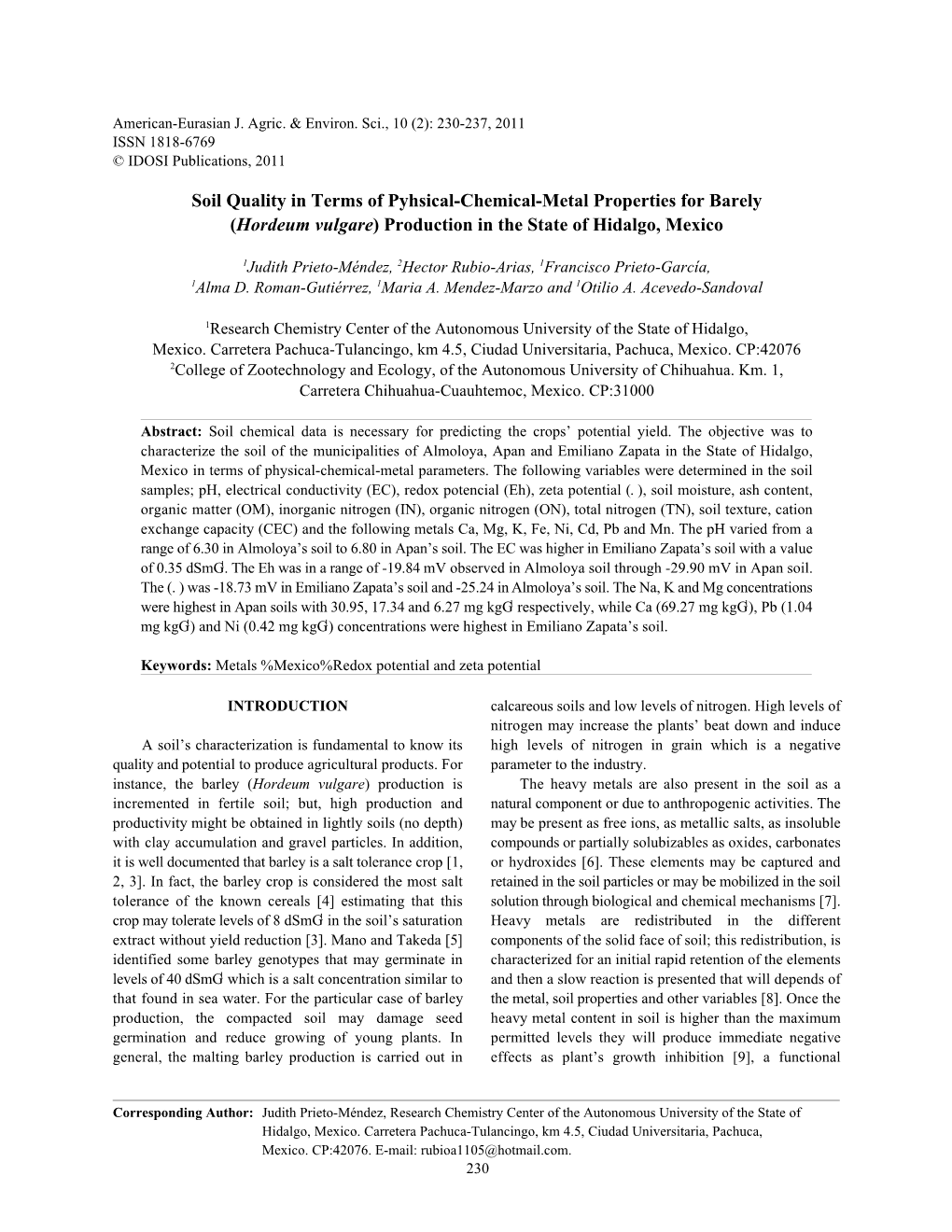 Soil Quality in Terms of Pyhsical-Chemical-Metal Properties for Barely (Hordeum Vulgare) Production in the State of Hidalgo, Mexico