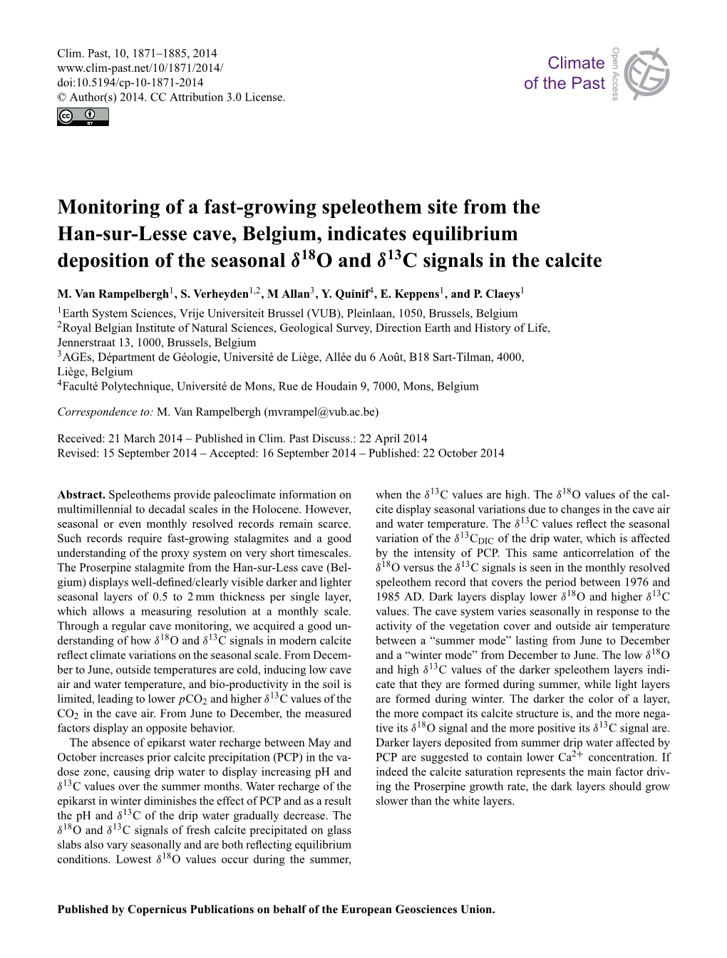 Monitoring of a Fast-Growing Speleothem Site from the Han-Sur