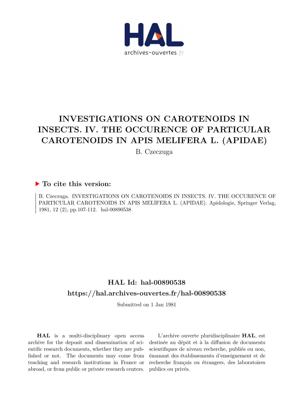 Investigations on Carotenoids in Insects. Iv