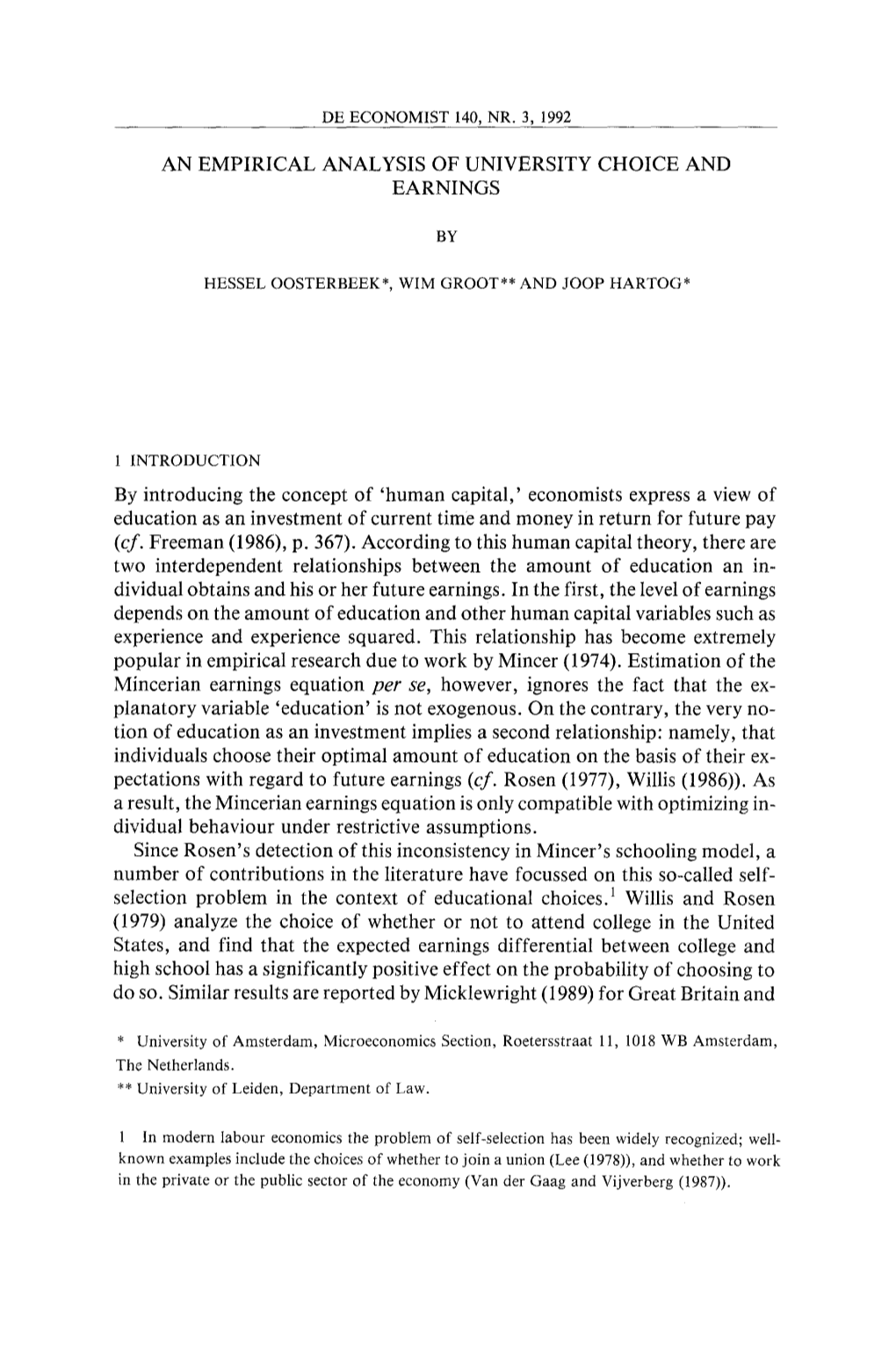 An Empirical Analysis of University Choice and Earnings