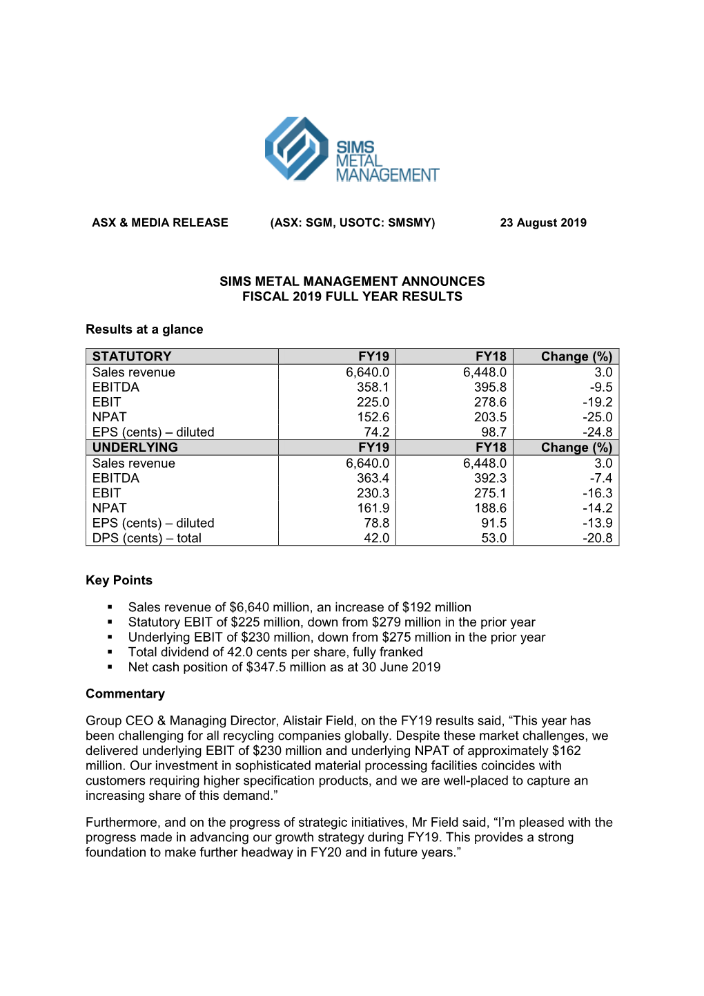 Sims Metal Management Announces Fiscal 2019 Full Year Results