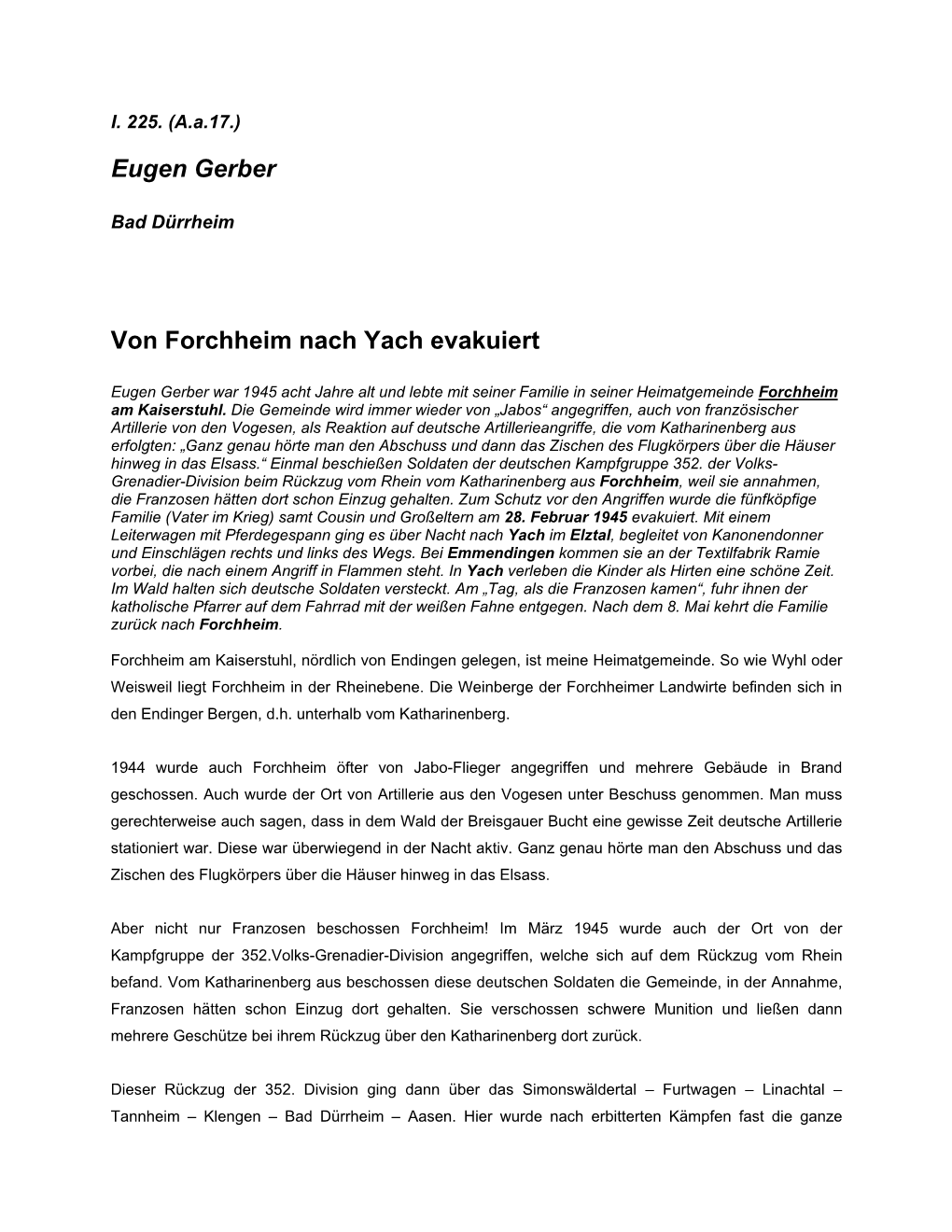 Eugen Gerber Von Forchheim Nach Yach Evakuiert