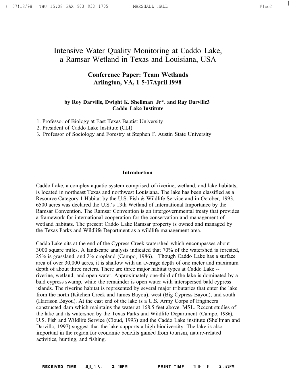 Intensive Water Quality Monitoring at Caddo Lake, a Ramsar Wetland in Texas and Louisiana, USA