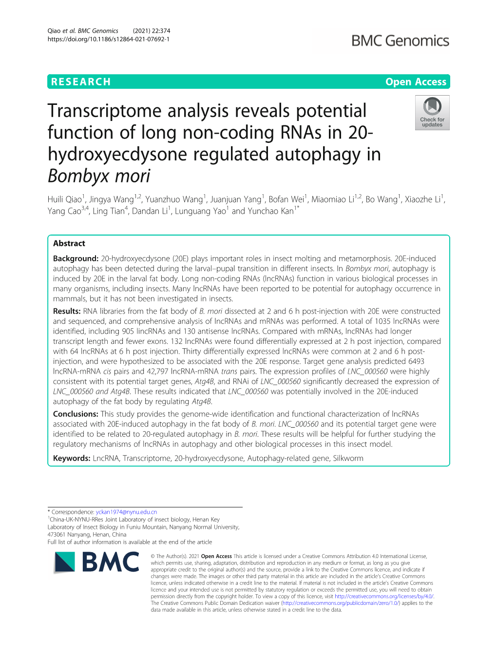 Transcriptome Analysis Reveals Potential Function of Long Non-Coding Rnas in 20- Hydroxyecdysone Regulated Autophagy in Bombyx Mori