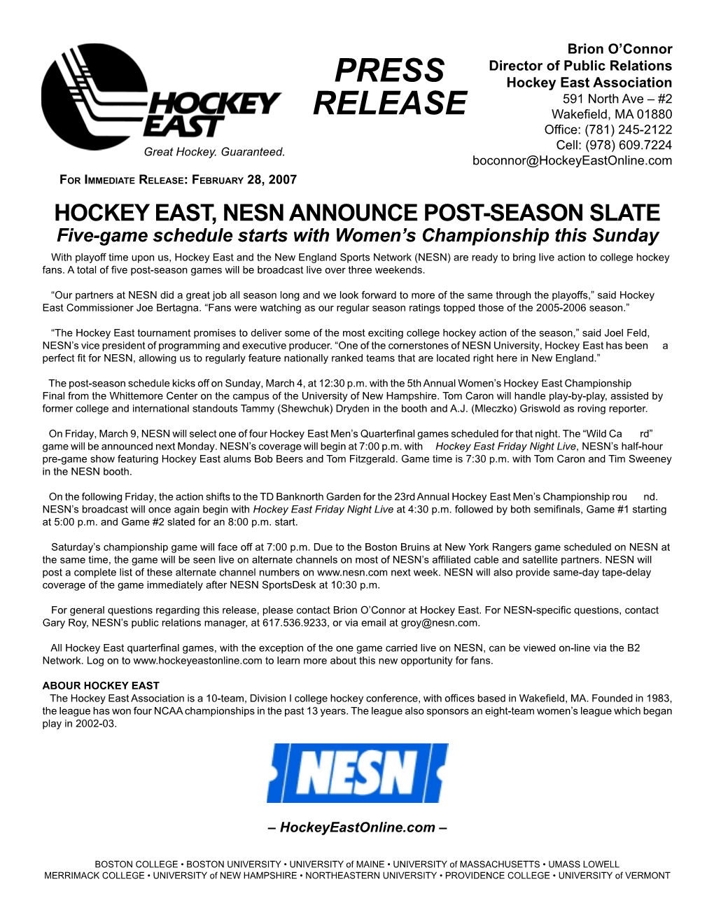 Hockey East, Nesn Announce Post-Season Slate