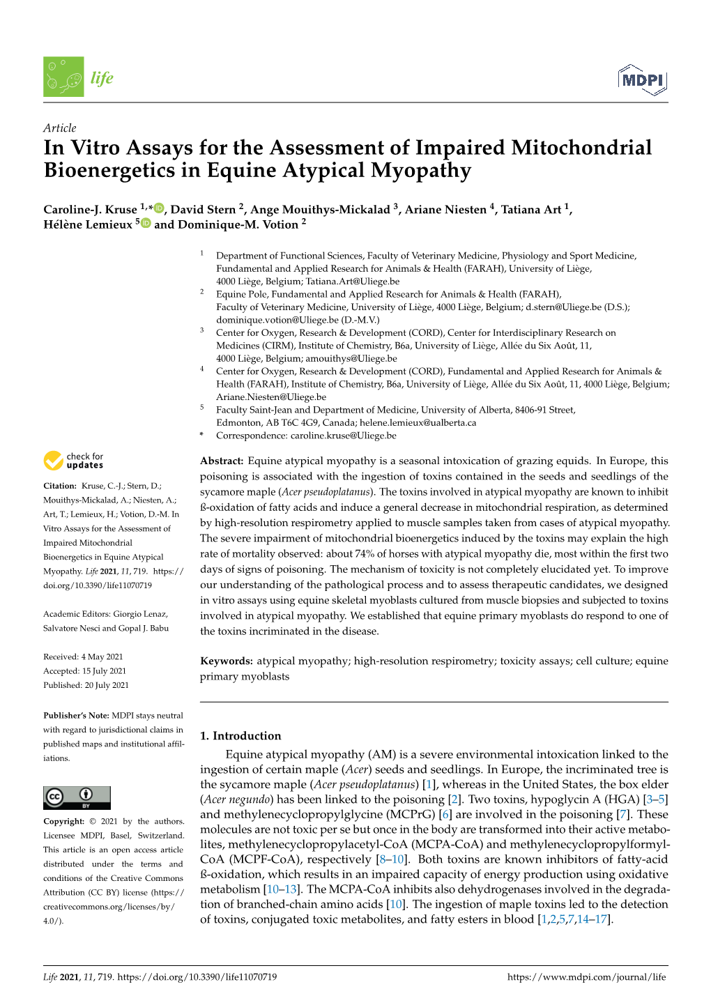 In Vitro Assays for the Assessment of Impaired Mitochondrial Bioenergetics in Equine Atypical Myopathy