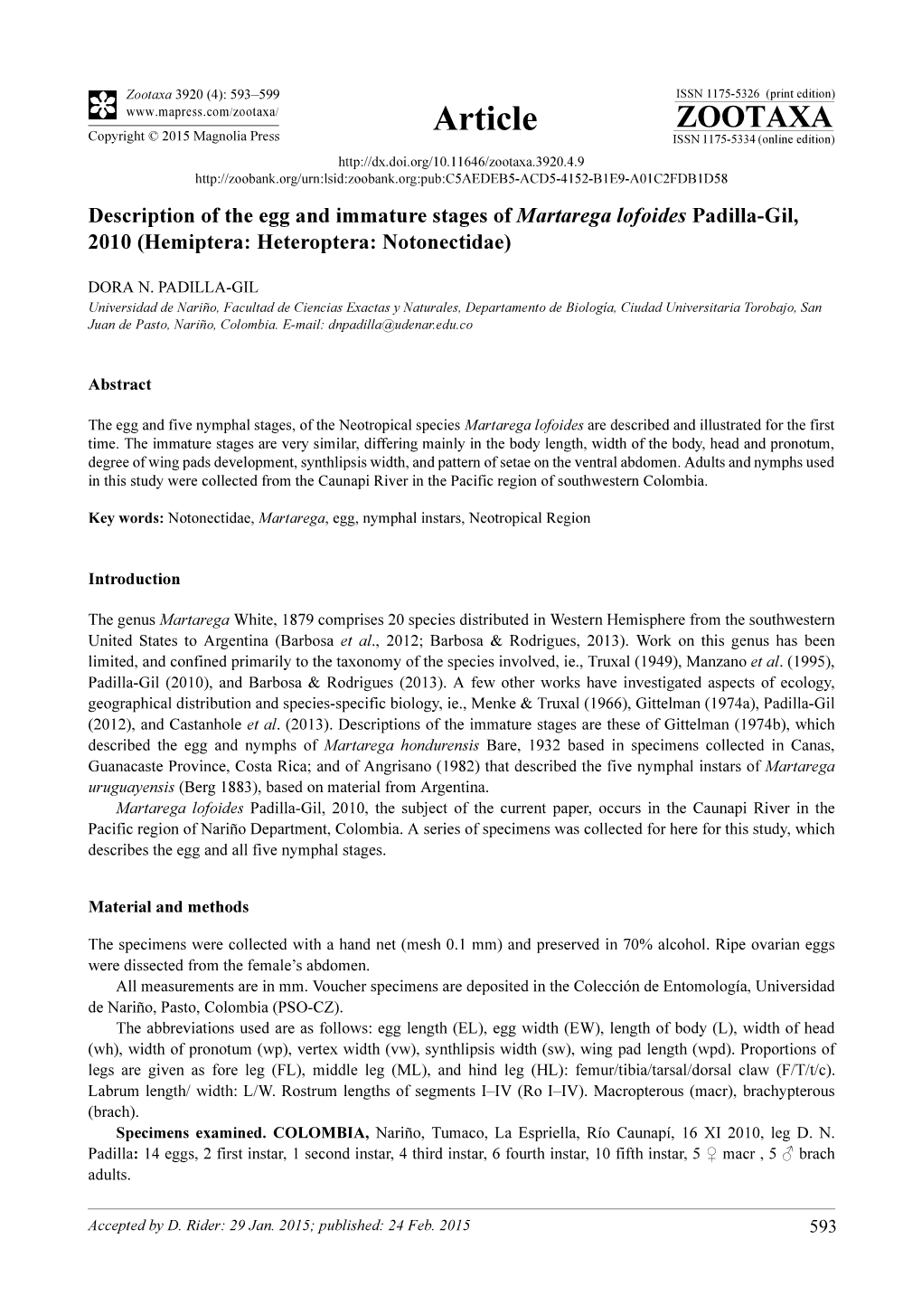 Description of the Egg and Immature Stages of Martarega Lofoides Padilla-Gil, 2010 (Hemiptera: Heteroptera: Notonectidae)