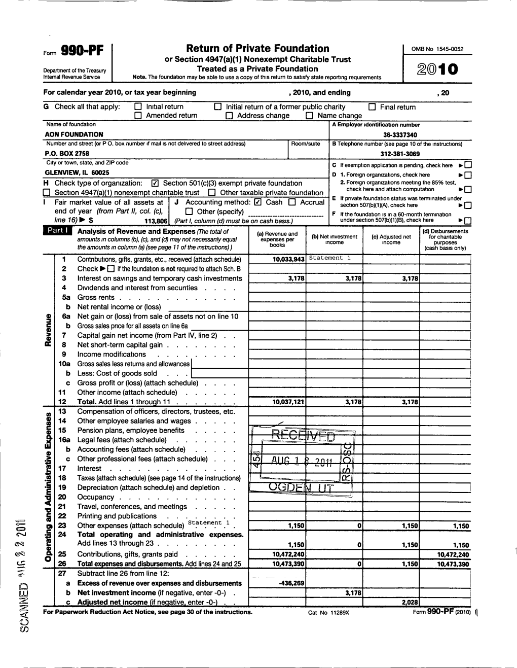 Form 990-PF Or Section 4947(A)(1) Nonexempt Charitable Trust Department of the Treasury Treated As a Private Foundation 2010 Internal Revenue Service Note