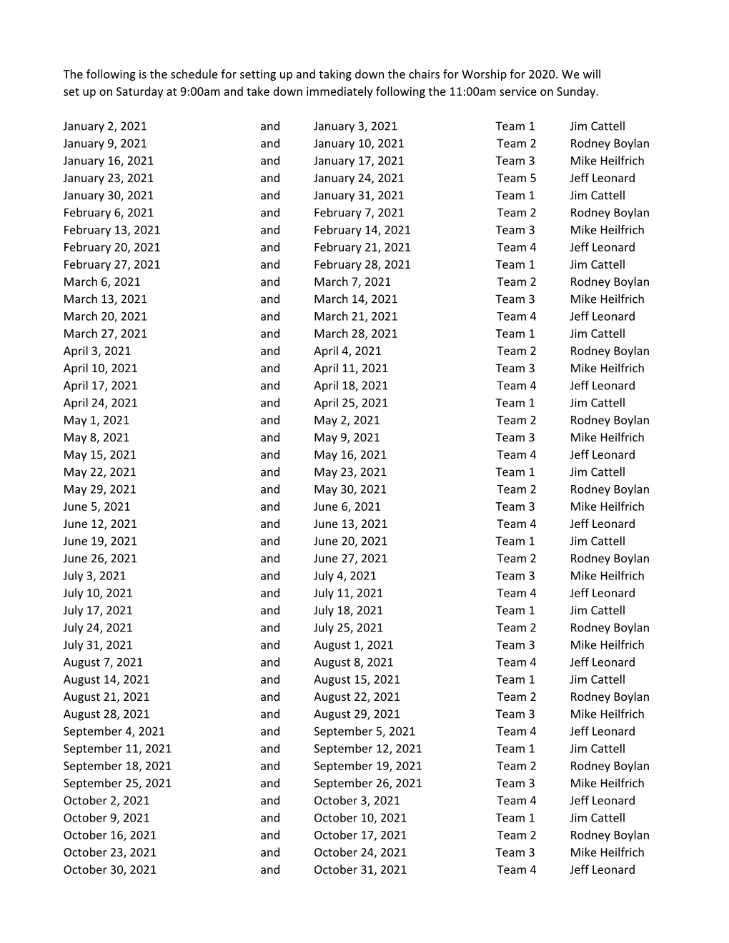 Current Chair Team Schedule