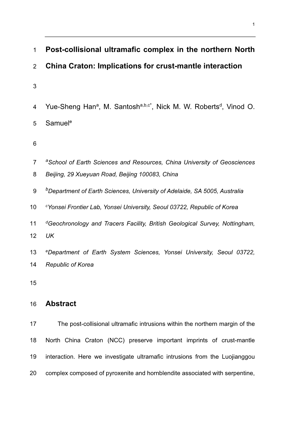 Post-Collisional Ultramafic Complex in the Northern North China Craton