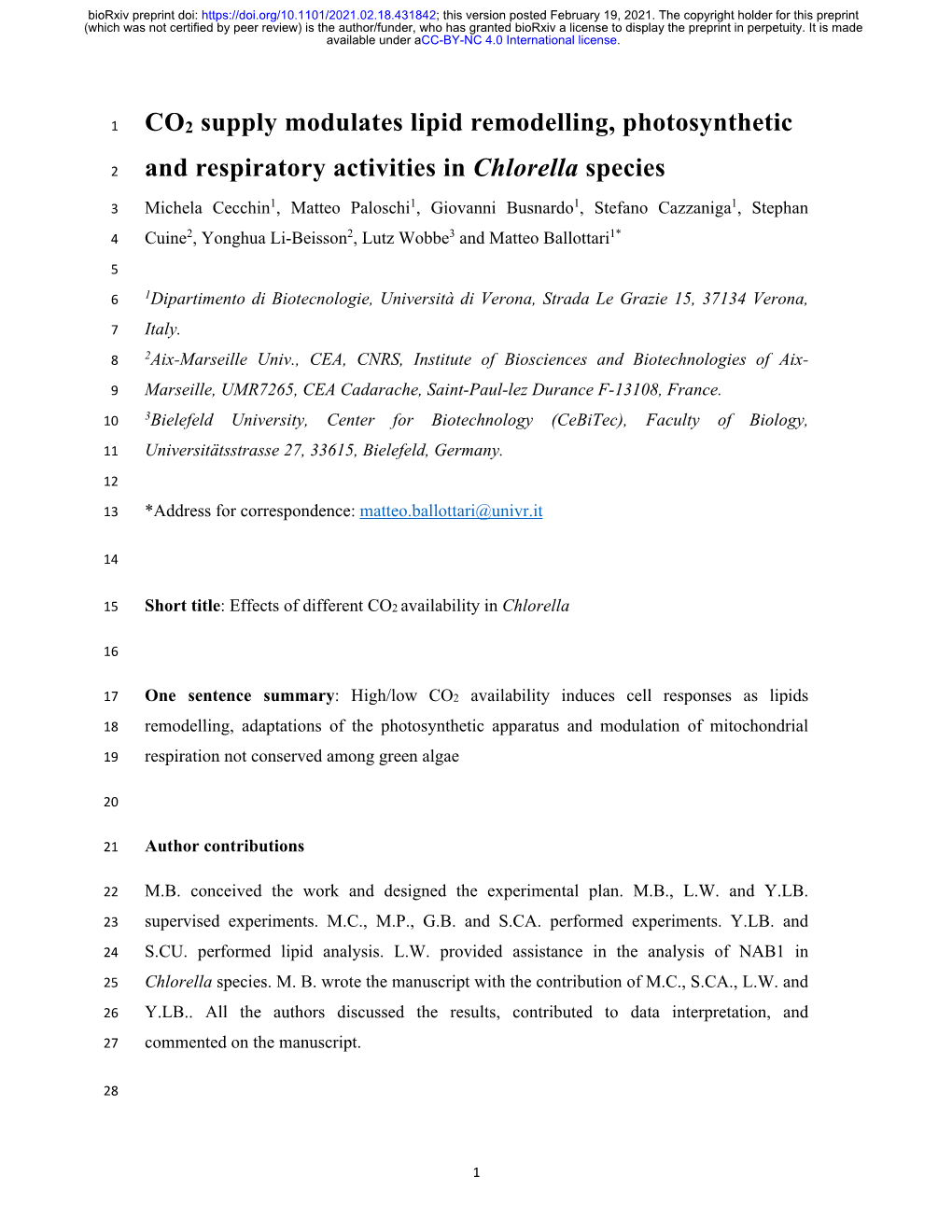 CO2 Supply Modulates Lipid Remodelling, Photosynthetic And