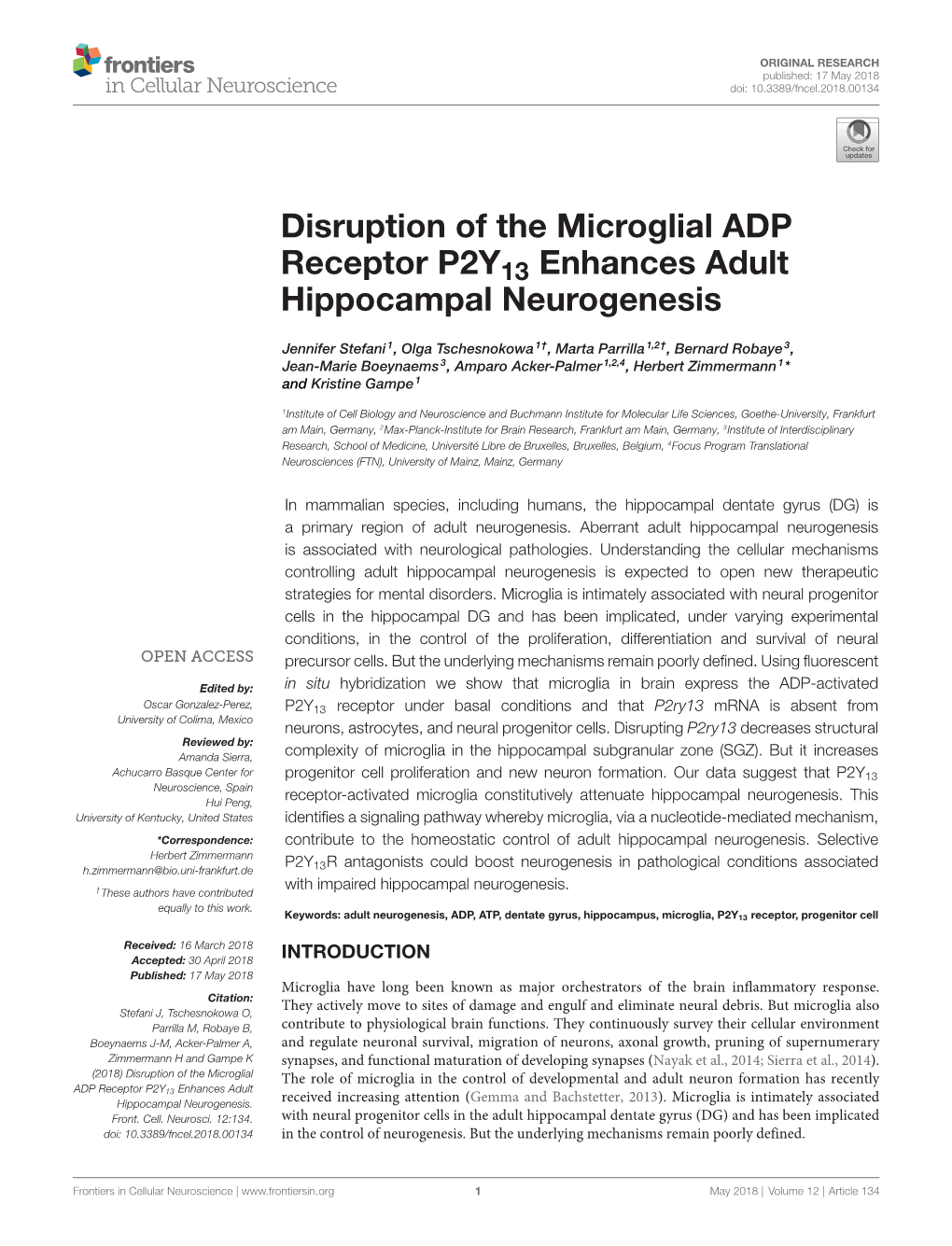 Disruption of the Microglial ADP Receptor P2Y13 Enhances Adult Hippocampal Neurogenesis