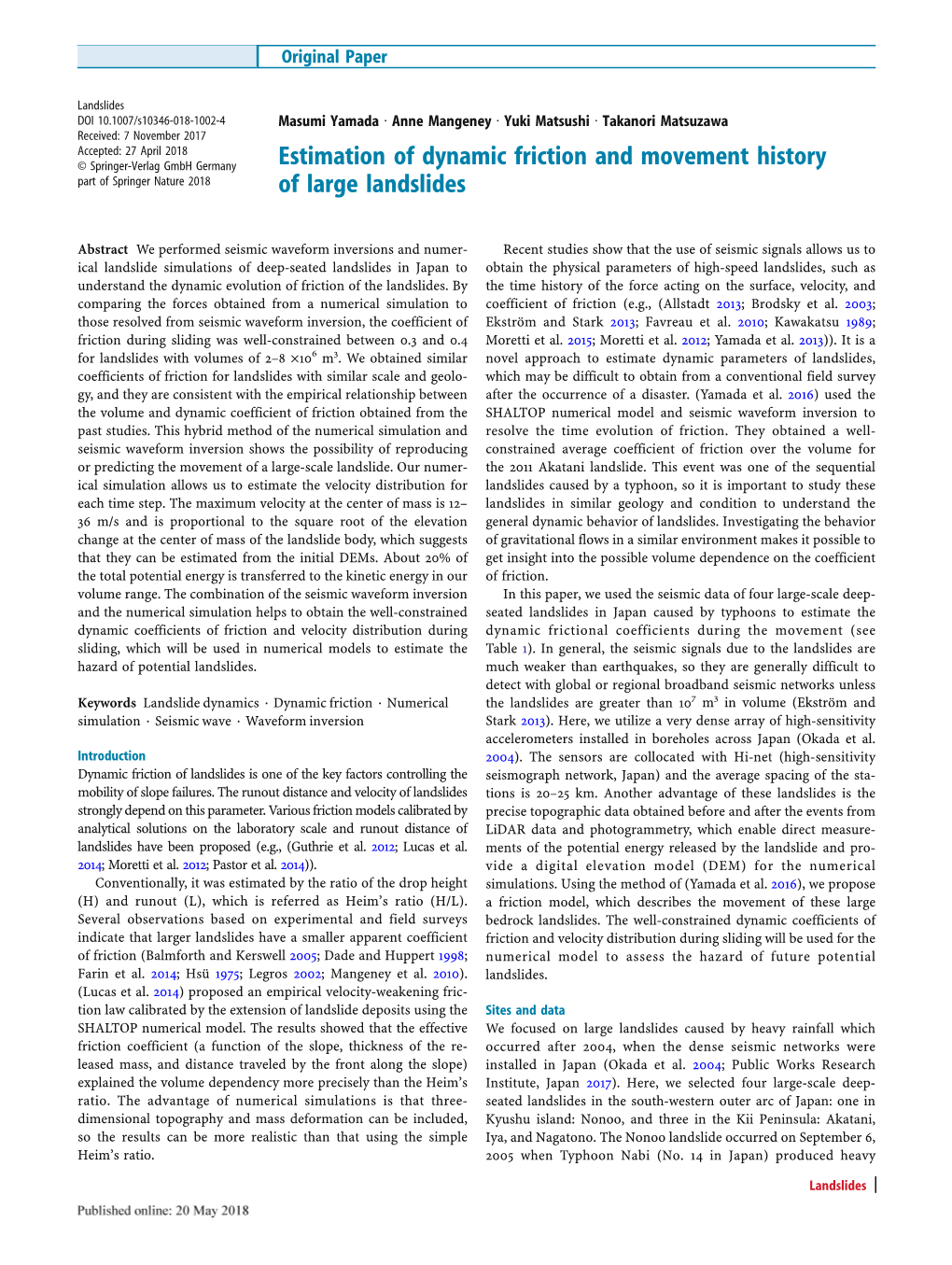 Estimation of Dynamic Friction and Movement History of Large Landslides