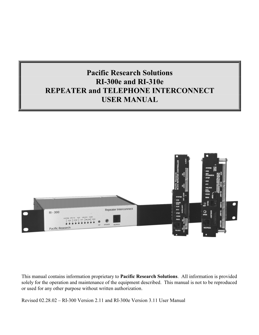 Pacific Research Solutions RI-300E and RI-310E REPEATER and TELEPHONE INTERCONNECT USER MANUAL
