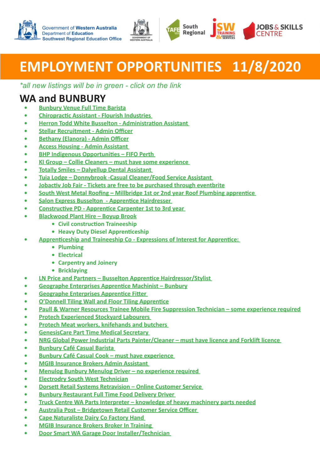 EMPLOYMENT OPPORTUNITIES 11/8/2020 WA and BUNBURY